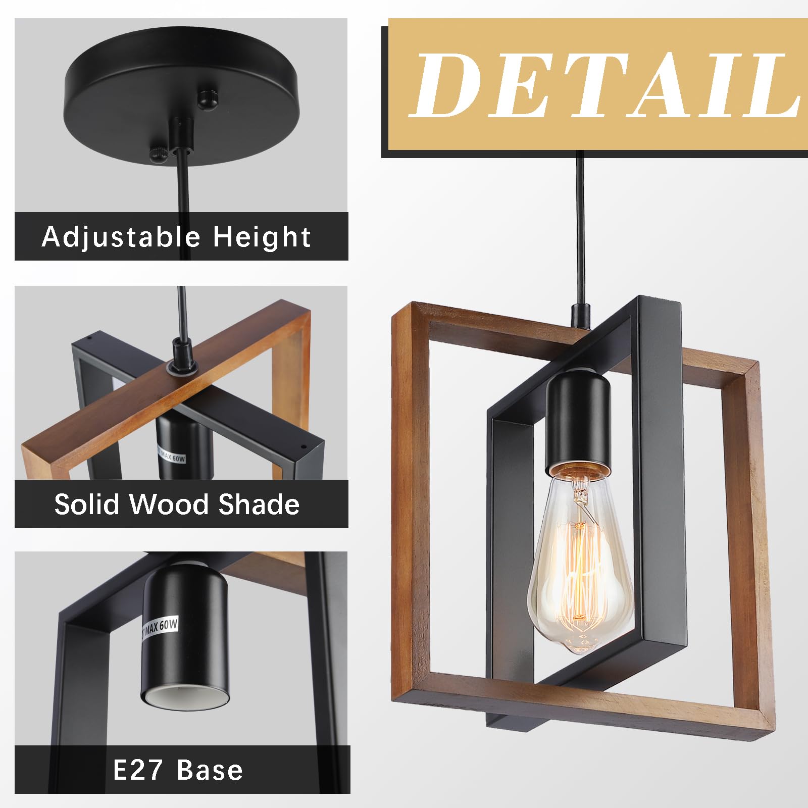 Moderne 1-flammige Holz-Metall Hängelampe E27 Schwarz für Esstisch