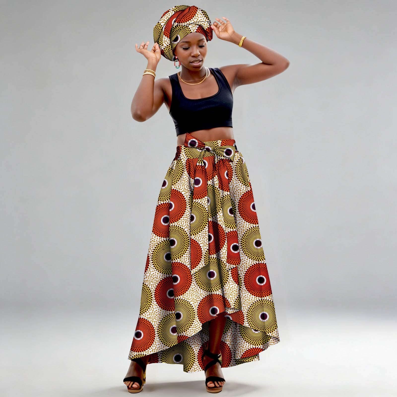 Générique Jupe Africaine Imprimée pour Femmes, Extensible Décontractée avec Turban, Vêtement pour Fêtes, Cérémonies et Sorties Estivales
