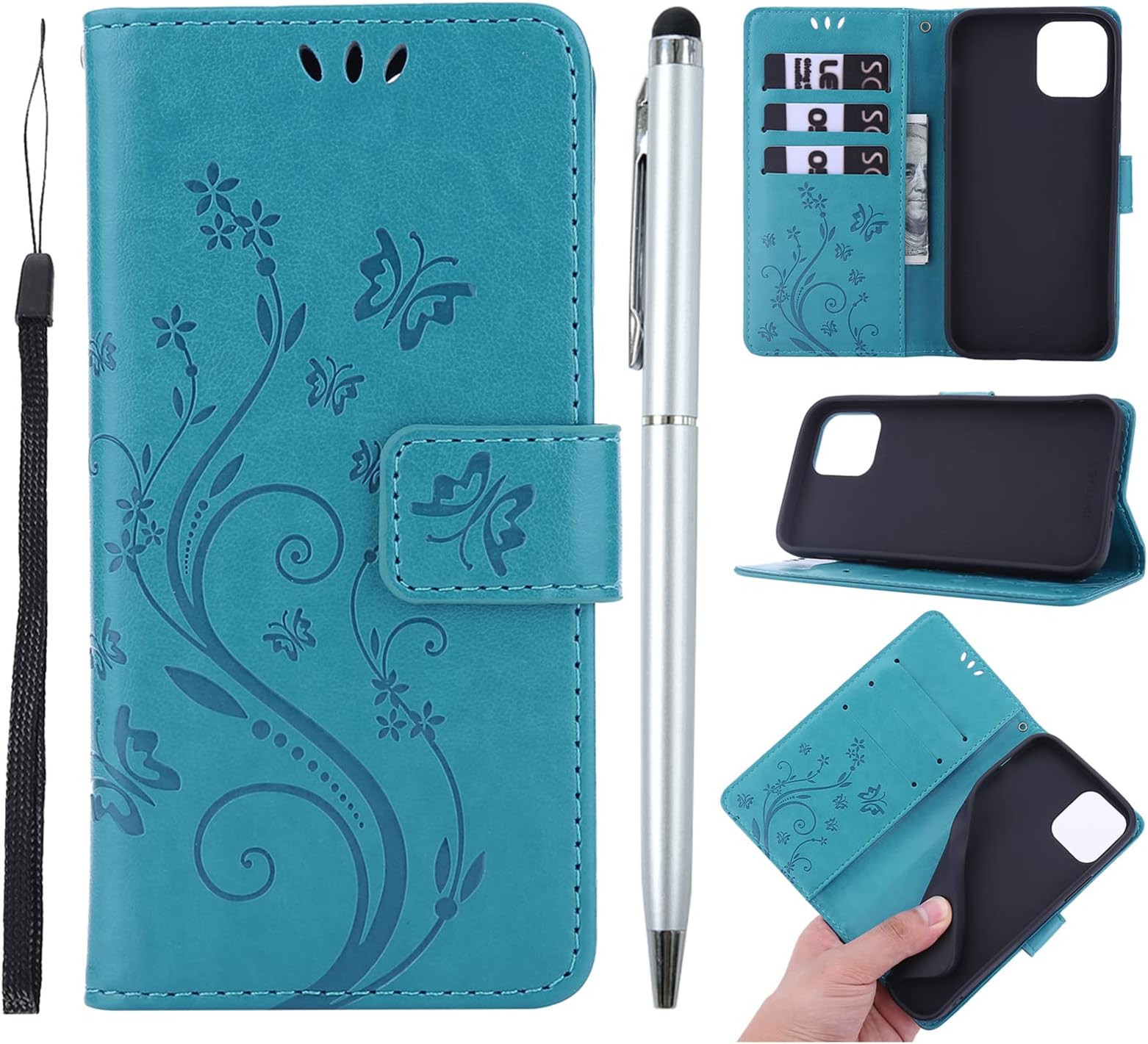 Phone Case for iPhone 13 mini, Premium PU Leather Flip Embossed Butterfly Case Shockproof Slim Protective Bumper Wallet Case for iPhone 13 mini with Kickstand Card Holder Lanyard & One Touch Pen