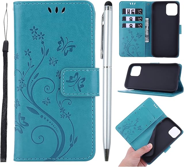 Phone Case for iPhone 13 mini, Premium PU Leather Flip Embossed Butterfly Case Shockproof Slim Protective Bumper Wallet Case for iPhone 13 mini with Kickstand Card Holder Lanyard & One Touch Pen