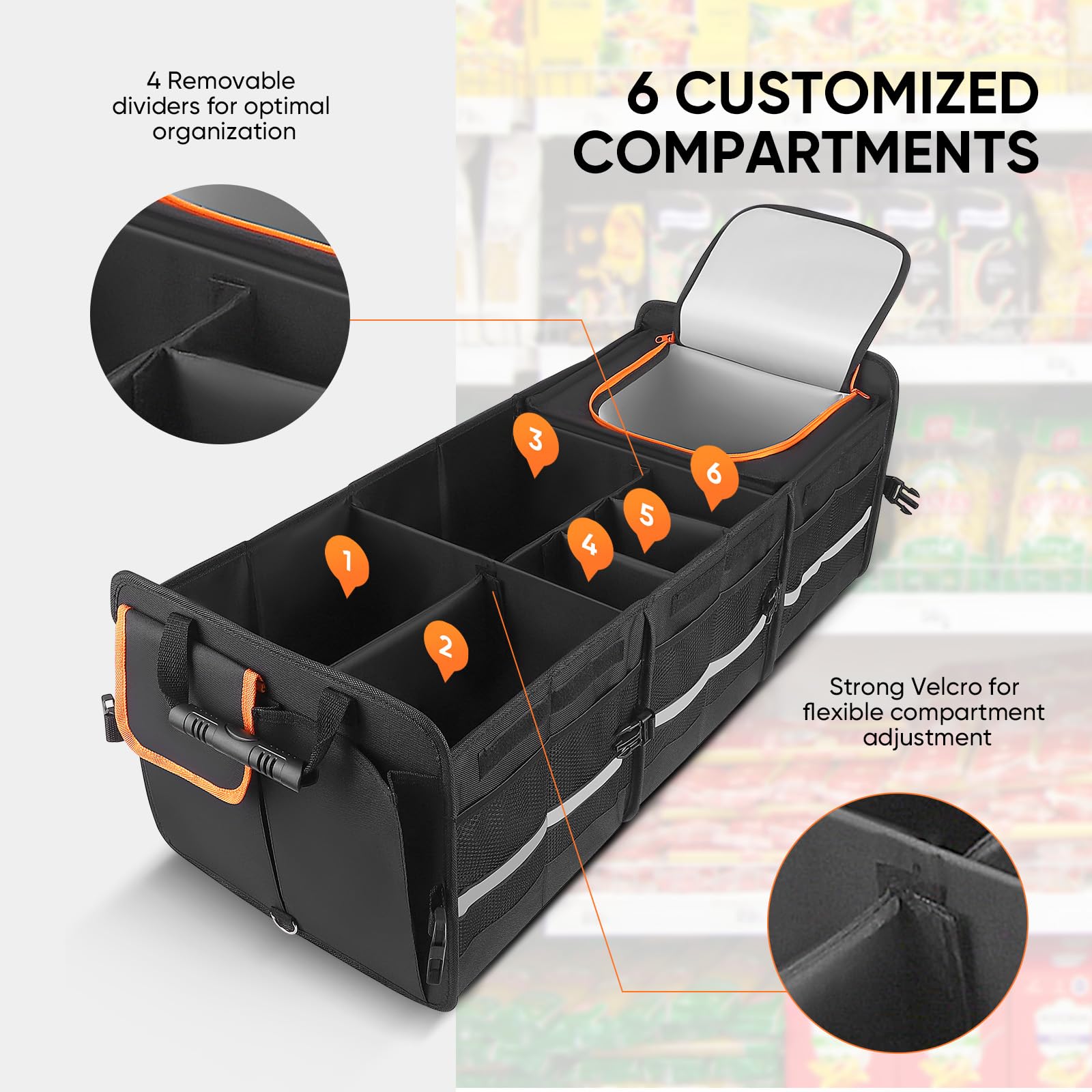 105L Rangement Coffre de Voiture, Trunk Organizer Organisateur Coffre Voiture avec 25L Sac Isolant Amovible, 7 Compartiments Ajustables,Sac de Rangement Pliable avec Couvercle,Fond Antidérapant