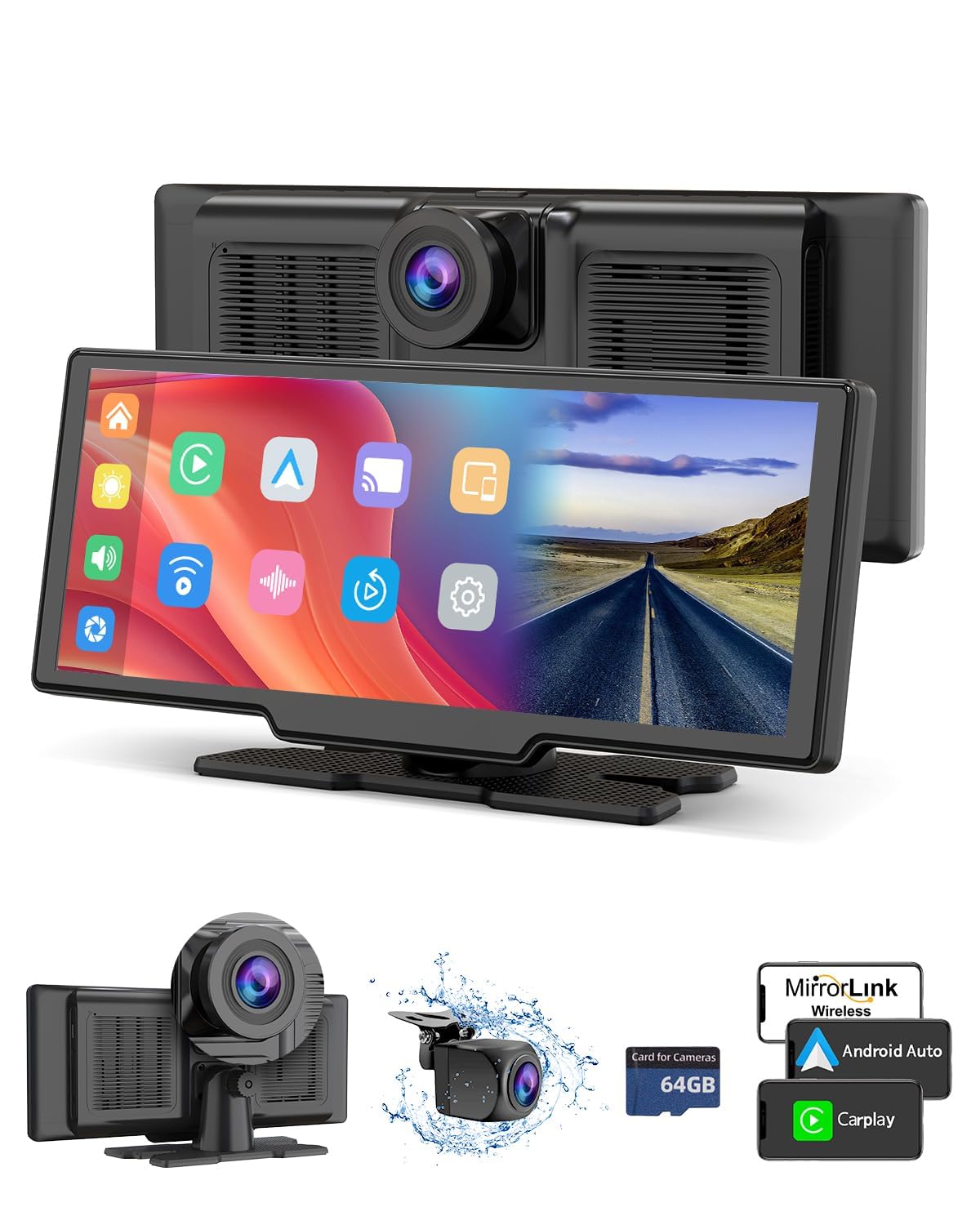 Wireless Carplay Stereo with 4K Dash Cam, Portable 10.26'' Carplay & Android Auto Car Touch Screen, 1080P Backup Camera, 64GB TF Card, GPS Navigation, Mirror Link, FM, Bluetooth