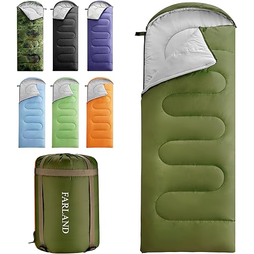 FARLAND Sleeping Bags for Adults, 3 Season Warm & Cool Weather, Lightweight Camping Sleeping Bag for Kids Family Camping Essentials with Compression Sack for Hiking