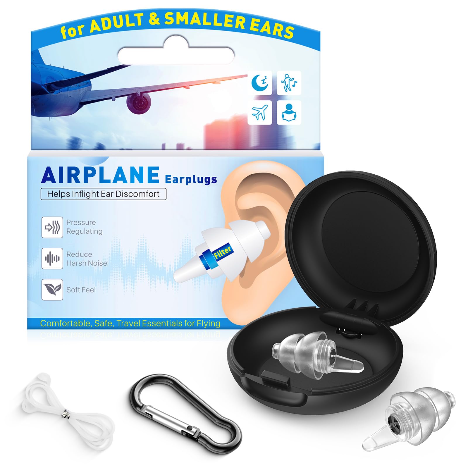 Ear Plugs for Airplane Pressure Relief & Prevent Ear Pain - Flying Travel Essentials - Comfortable Reusable Plane Earplugs for Adult/Kids 12+ with Small Ear-canals, 25dB Noise Reduction