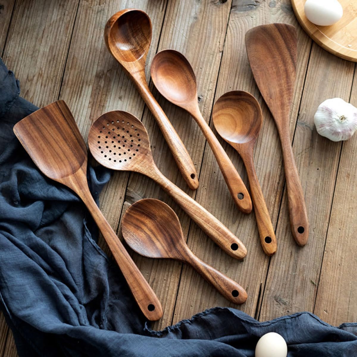 Kichvoe Set Utensili da Cucina in Legno di Acacia con Paletta e Cucchiaio per Mescolare, Design Raffinato e Semplice, per Cucinare in Modo Affidabile