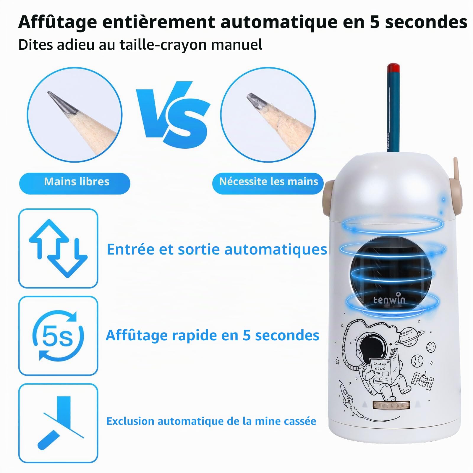 tenwin Taille-crayon électrique rechargeable entièrement automatique, adapté aux crayons de 7 à 11,5 mm ＆ crayons de couleur, portable et sûr pour les la maison, le bureau, l'école (Argent)