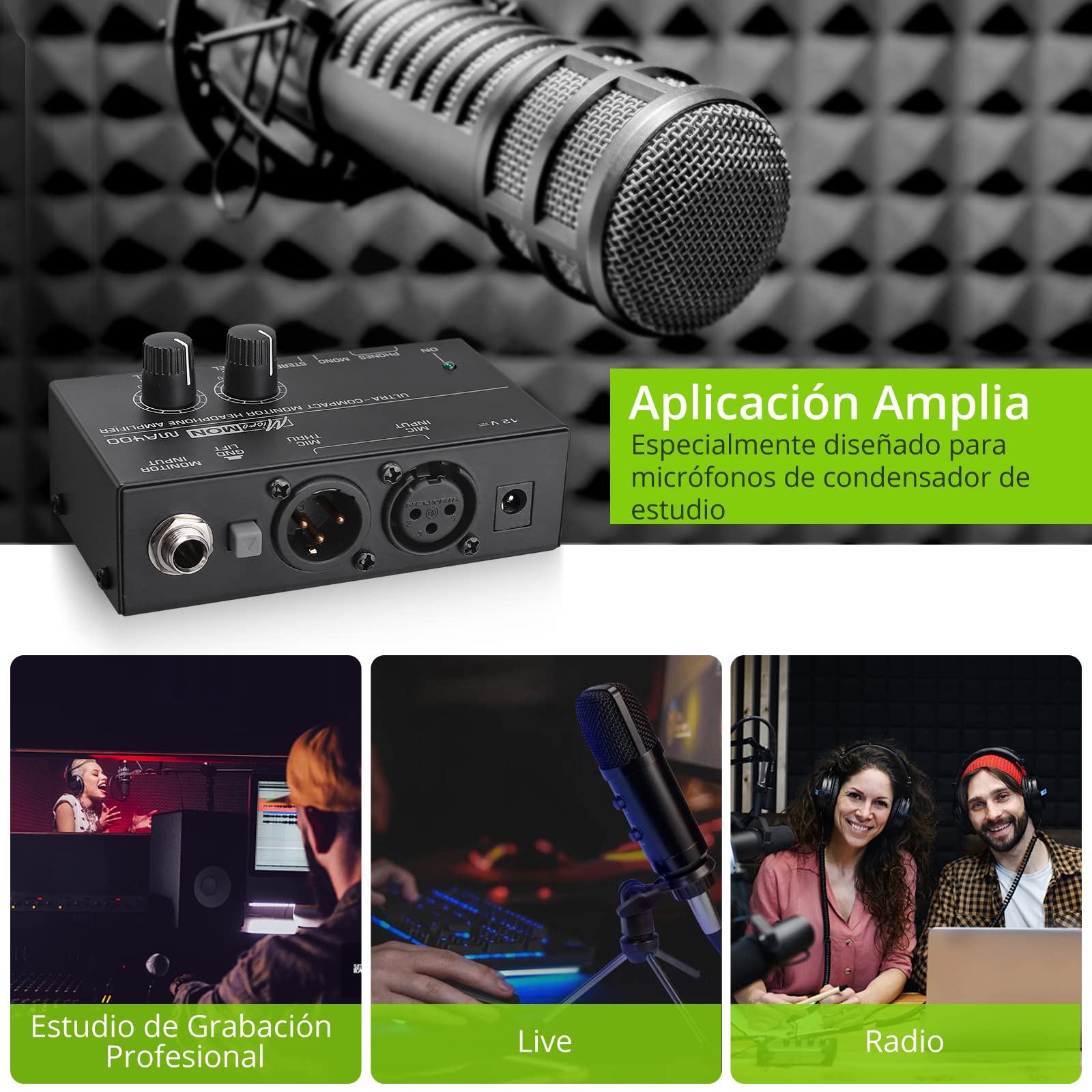 LiNKFOR MA400 Amplificador de Auriculares Ultra-Compacto con Entradas 6,35mm y 3,5mm Amplificador de Auriculares para Señal de Audio y Micrófonos XLR con Control de Volumen para Estudio Escenas