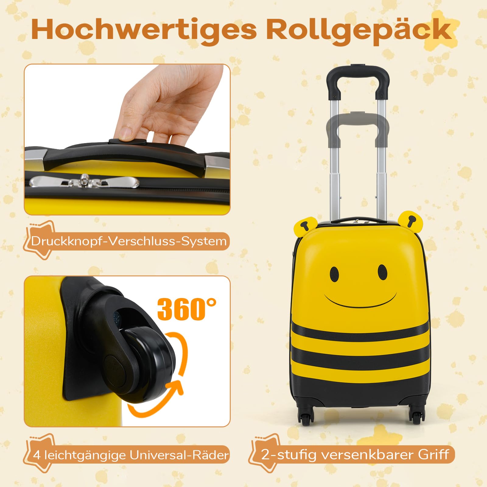 GOPLUS Kinderkoffer 2 TLG. mit Rucksack, Reisekoffer Set Kinder mit niedlichem Bienen-Rucksack & 18 Zoll Rollkoffer, 12”+16” Kindertrolley aus Kunststoff, Kindergepäck Flugzeug für Jungen & Mädchen