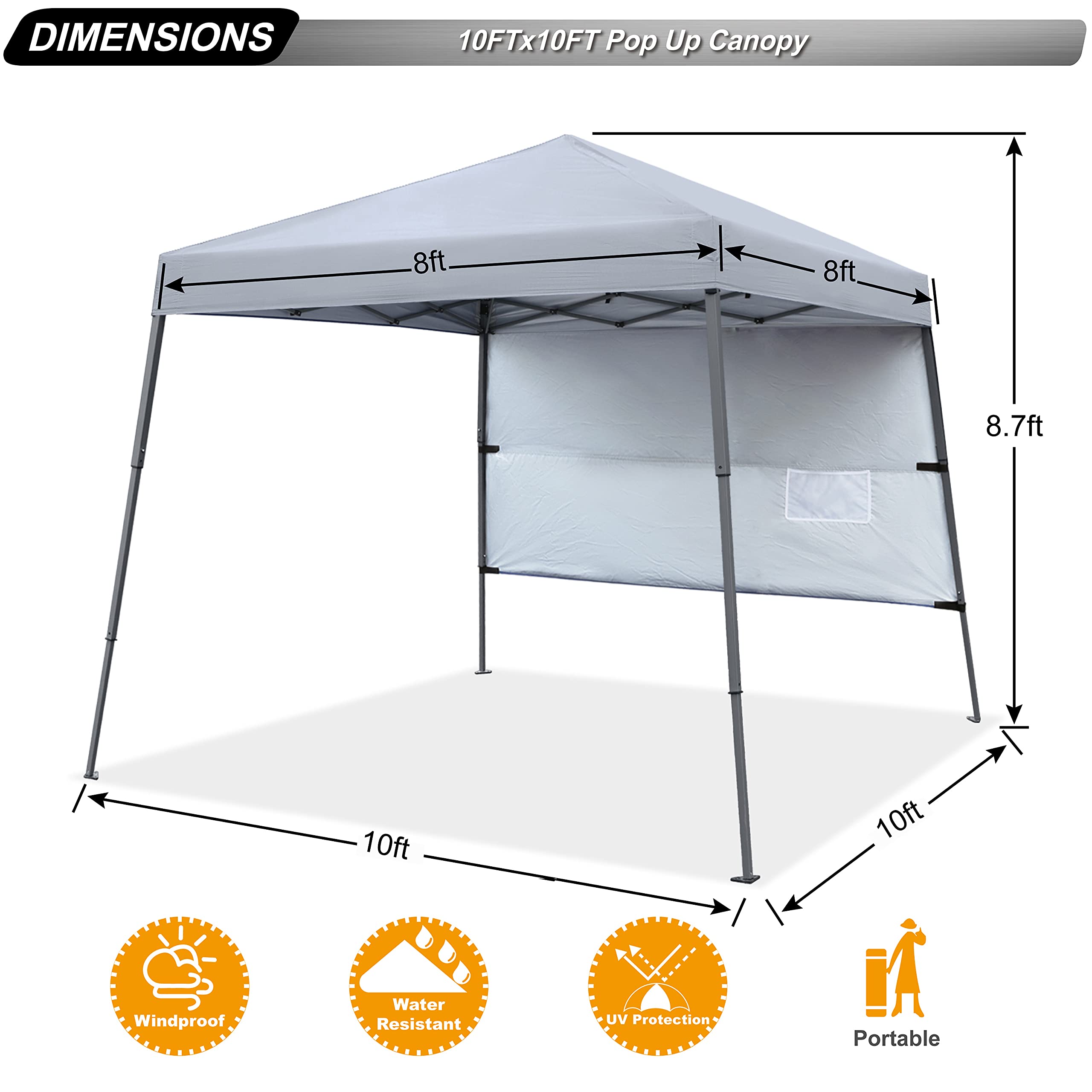 ABCCANOPY Stable Pop up Outdoor Canopy Tent with 1 Sun Wall 10x10, Bonus Backpack Bag, Gray