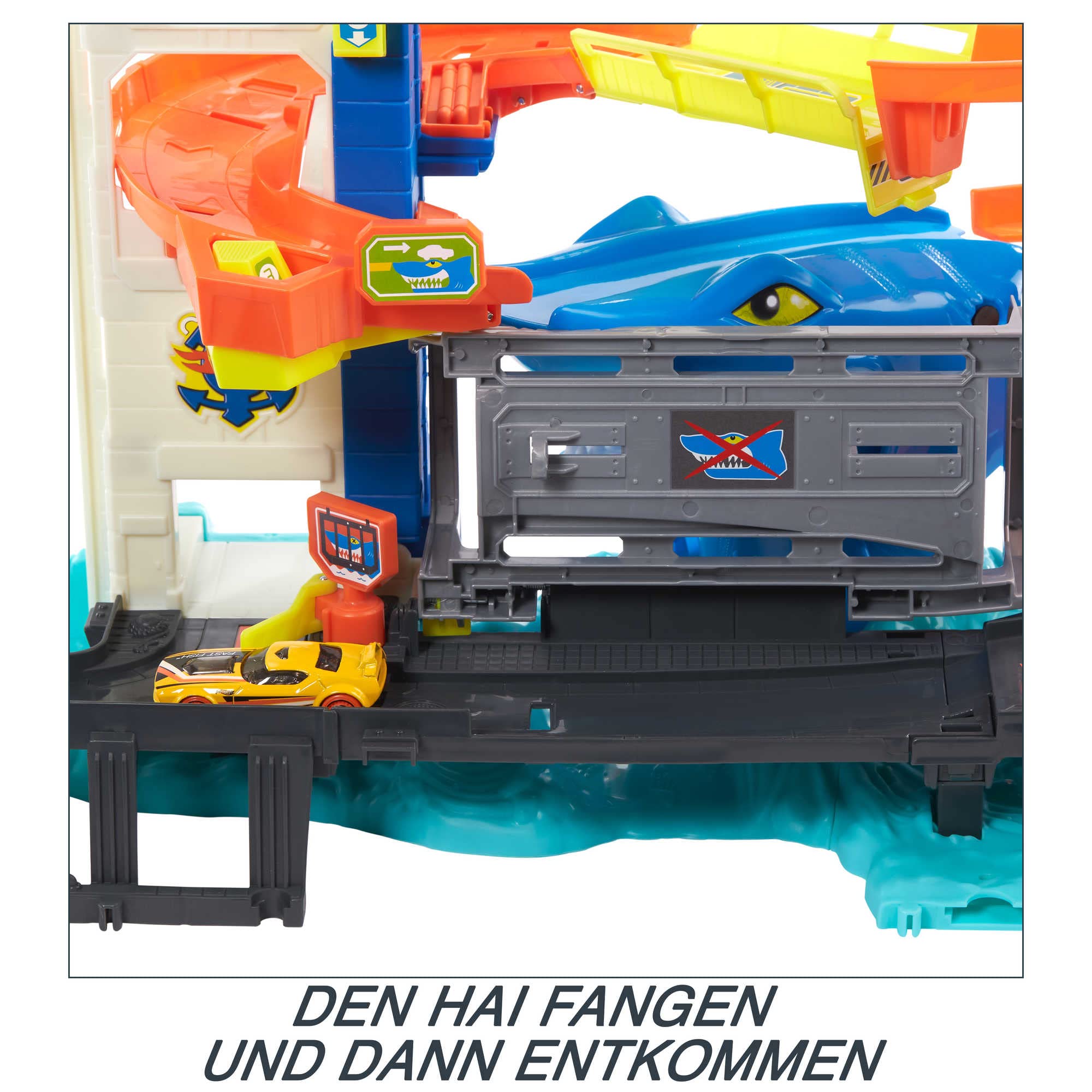 Hot Wheels City Hai-Angriff Spielset, mit 1 Auto, Track mit Erzfeind, mit Anderen Sets kombinierbar, Spielzeug für Kinder ab 4 Jahren