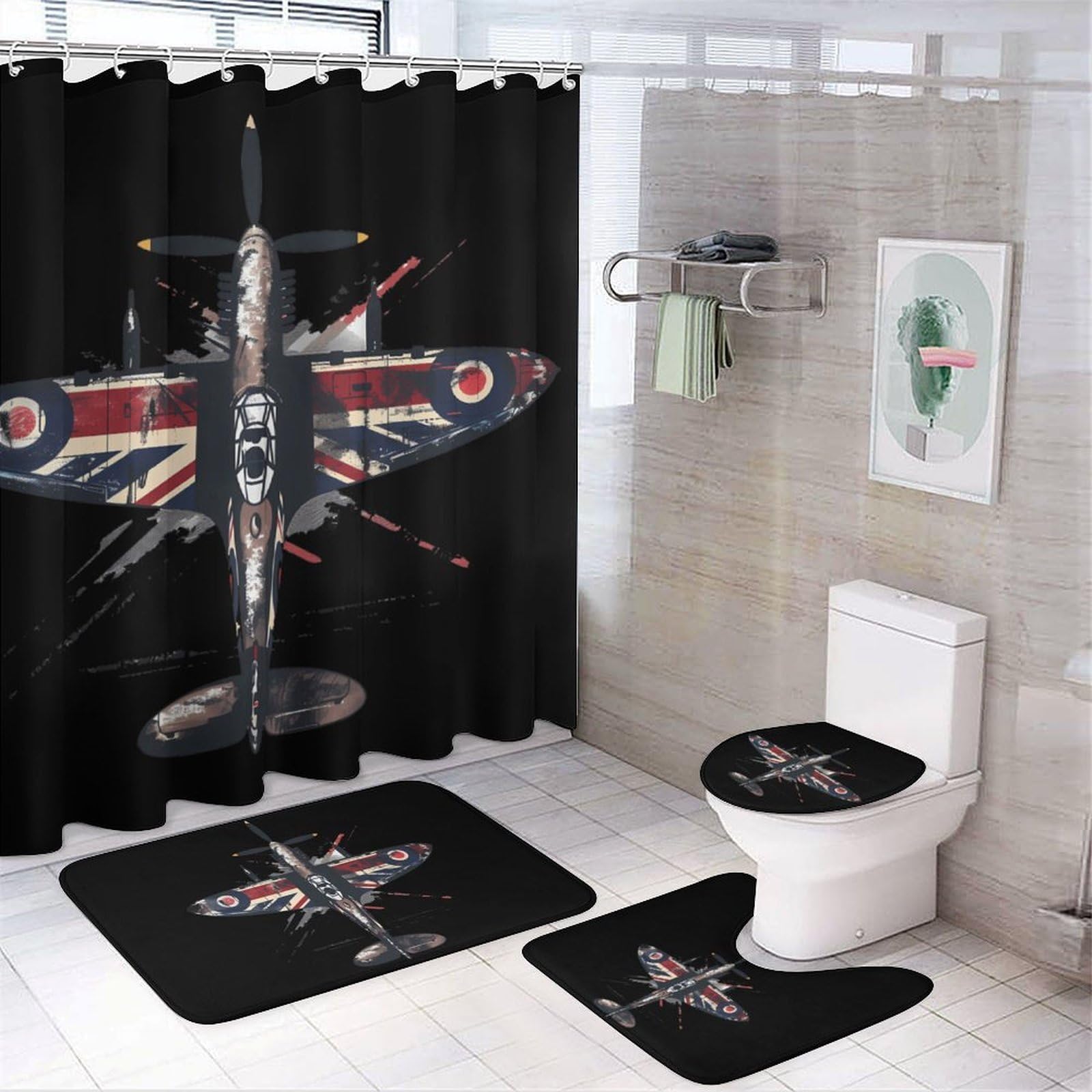 CGSBNGHA WW2 Spitfire Iconic British Airplane Shower Curtain Set 4 Piece Bathroom Sets with Rugs Toilet Lid Cover And U-Shaped Floor Mat