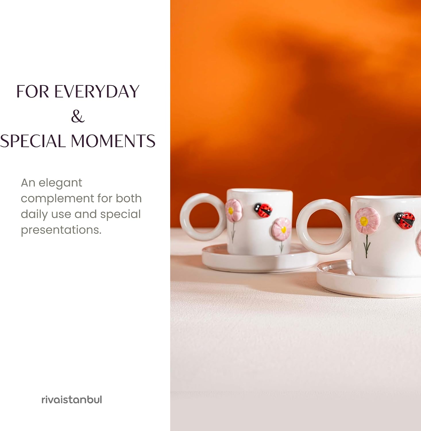 Handmade Ceramic Coffee Cup Set for Espresso & Turkish Coffee | 2-Piece Porcelain Cups with Saucers | Small Ceramic Mug Set for Tea, Cappuccino & Home Cafe Enjoyment (Ladybug)