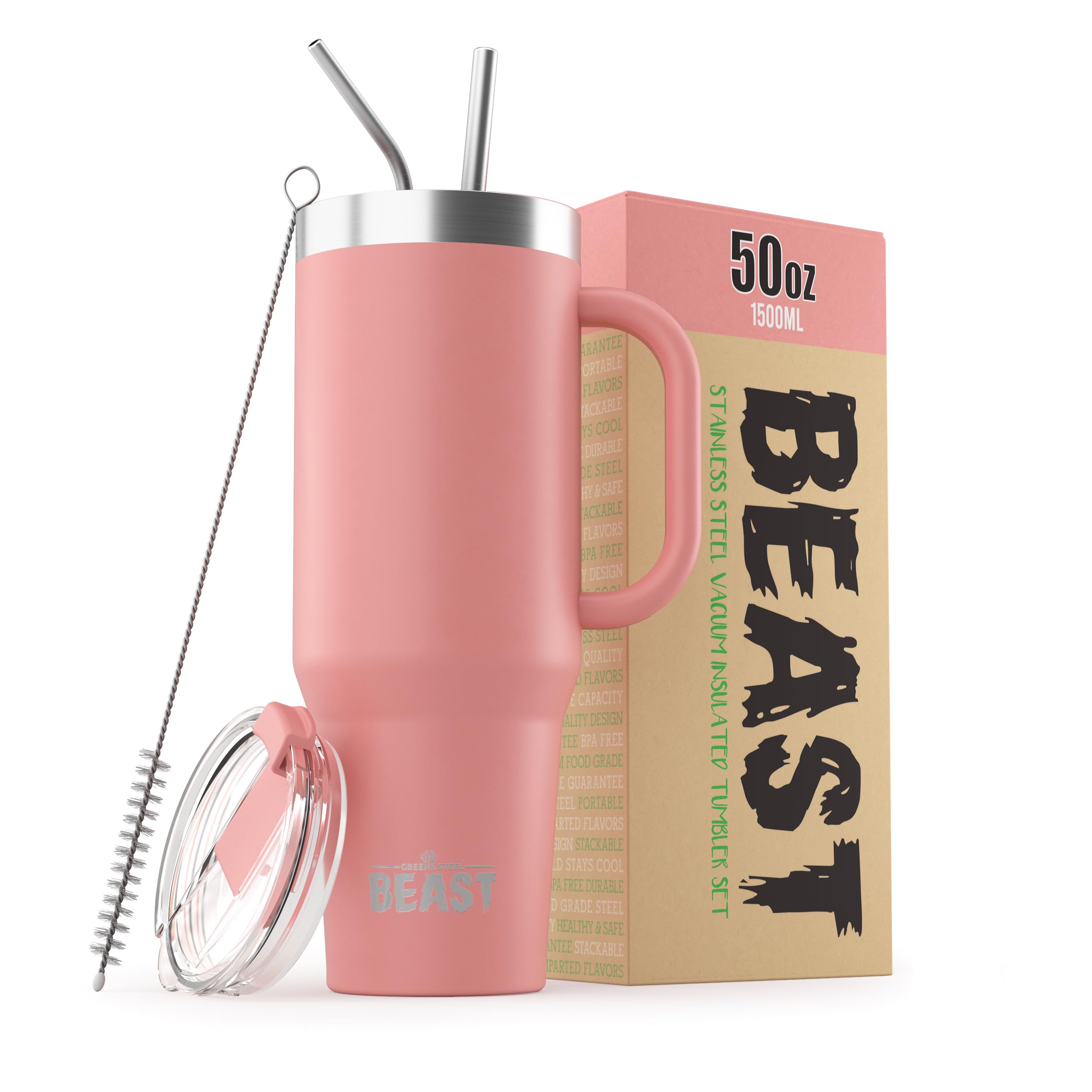 Greens Steel Beast Tumbler – 550 ml (20 oz), Coral | Vaso de acero inoxidable reutilizable con aislamiento al vacío | con 2 pajitas y cepillo de limpieza | Termo de viaje de doble pared — view 17