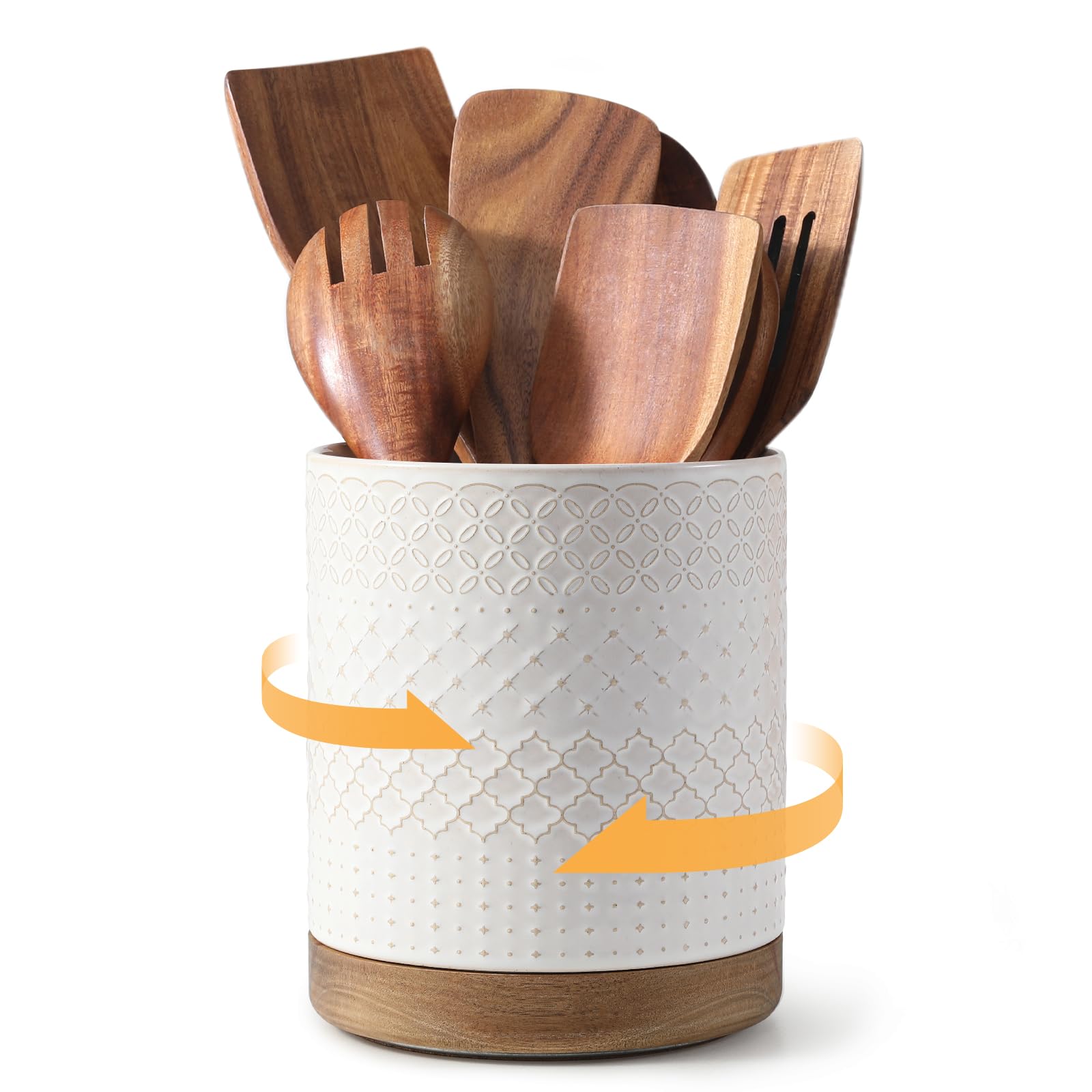 DOWAN Rotating Kitchen Utensil Holder, Ceramic Utensil Crock, Container for Kitchen Utensils, Utensil Storage Beige with Relief, Large Crock for Cooking Spoons