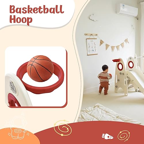 Miniatura 7 de Merax Juego de tobogán y columpio 4 en 1 para bebé, tobogán interior para niños con aro de baloncesto, escalador y columpio, tobogán de juegos al