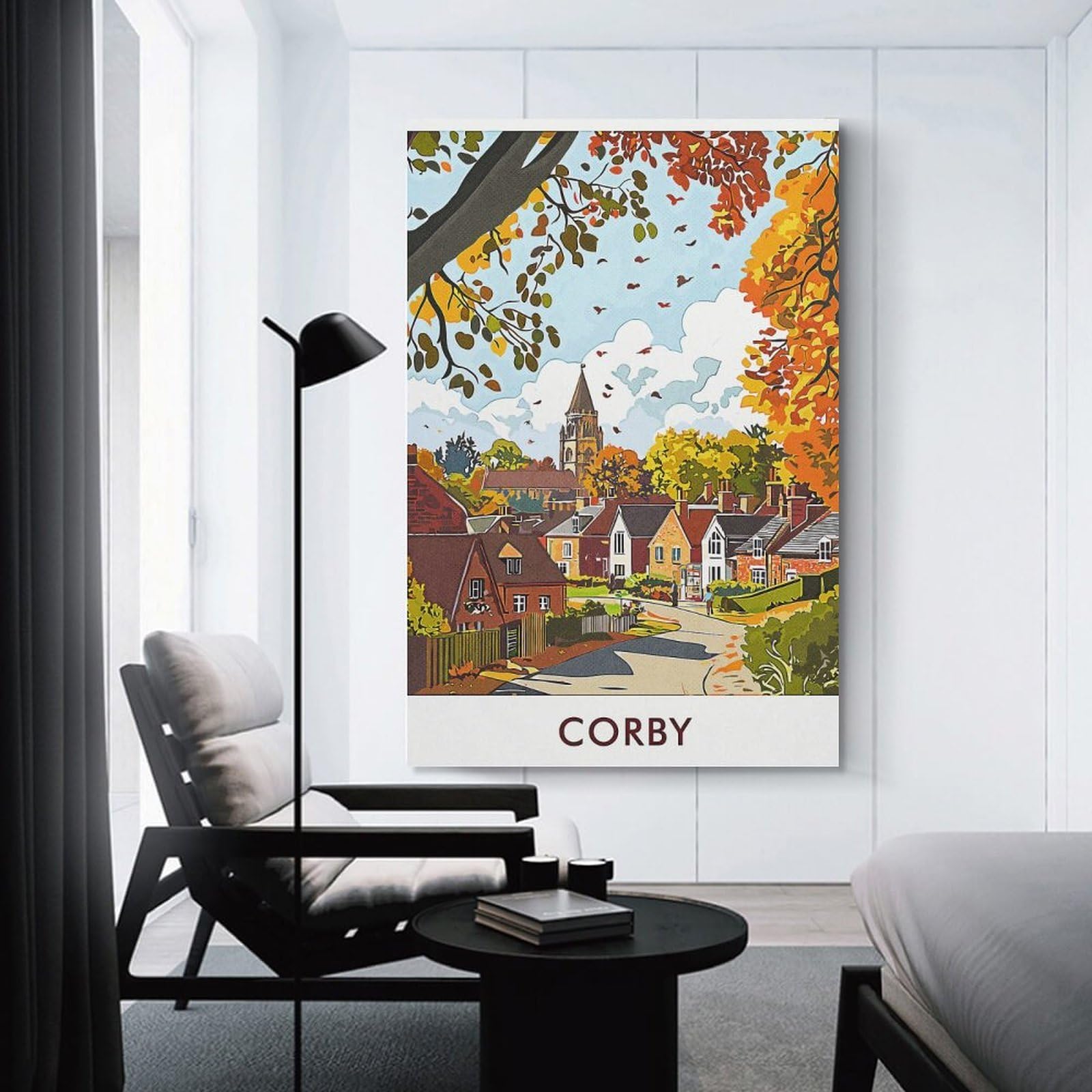 Junmoney Canvas Wall Picture Corby Town Autumn Scene, 20x30inch(50x75cm), for Bedroom Decor, Cosy Corners Or Studios, A Warm Accent for Relaxed Interiors