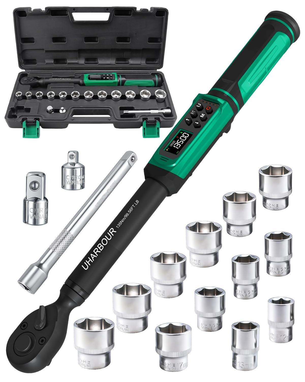 Uharbour Digital Torque Wrench 3/8 Drive, 1.5-99.5 ft-lbs./6.8-135Nm Range, Electric Torque Wrench with Dual Direction Ratchet, ±1% Accuracy with Vibration, Buzzer and LED Alert