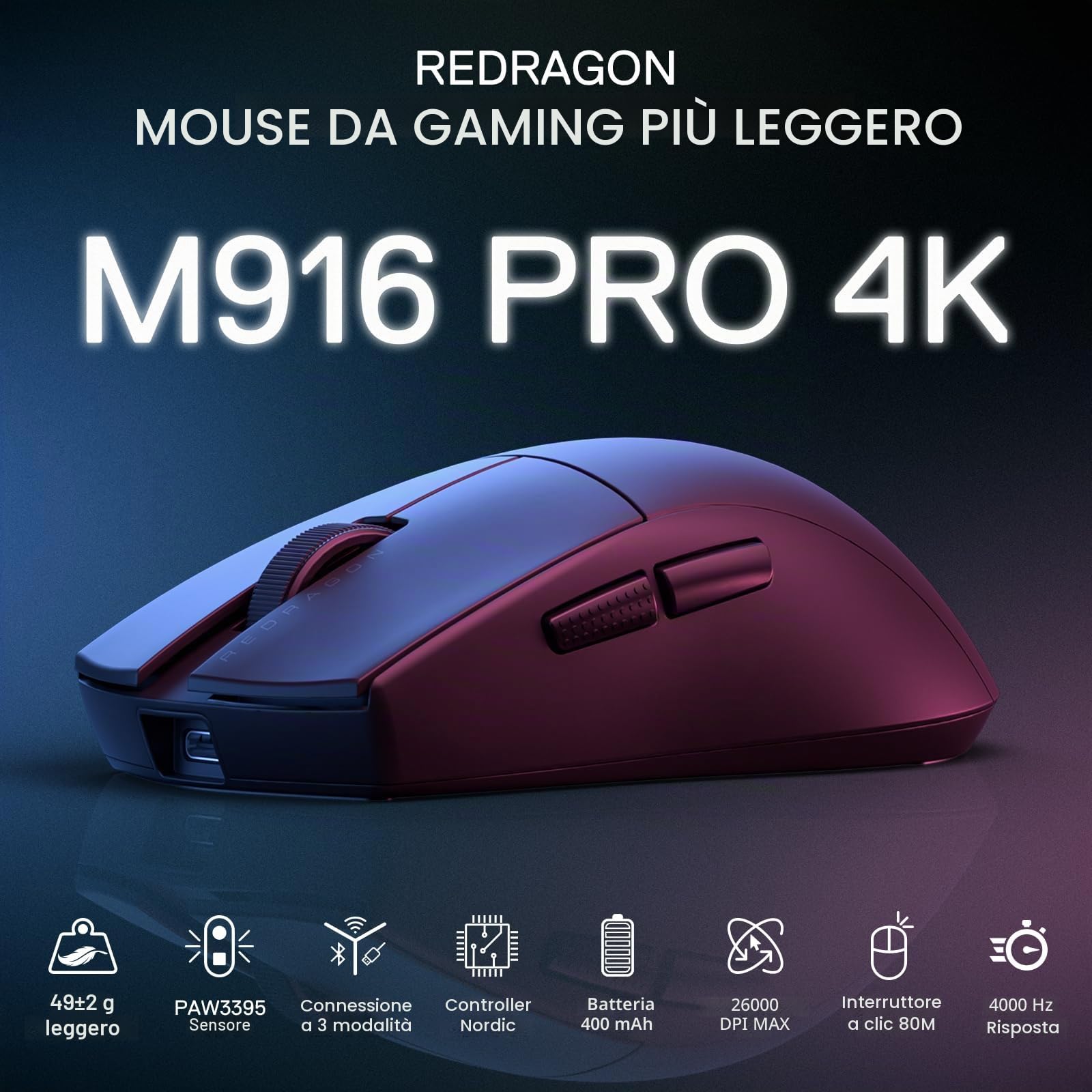 Redragon M916 PRO Mouse Gaming 3 Modalità Ultra Leggero | 49g 26000 DPI polling 4K ergonomico tutti tasti macro completamente riprogrammabili
