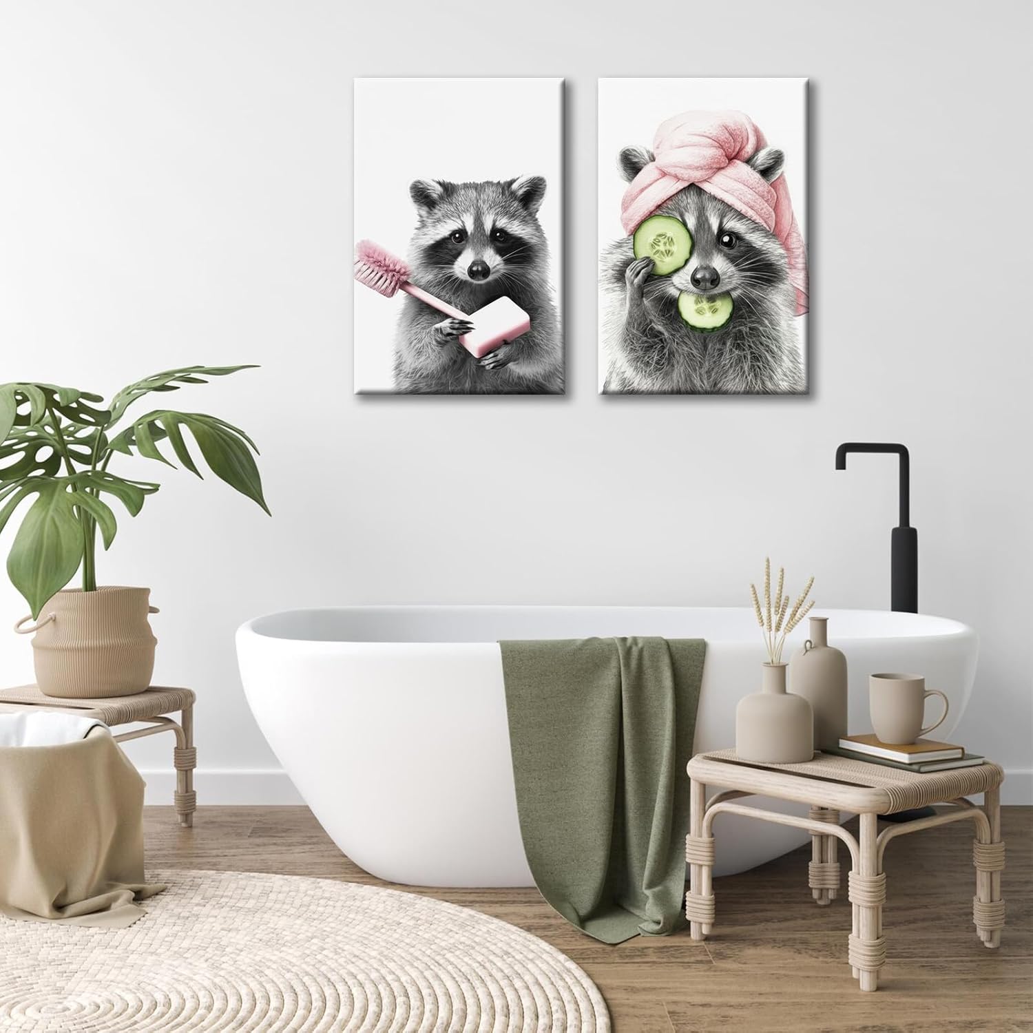 Funny Raccoon Bathroom Wall Art Set of 2 – Cute Animal Spa Canvas Prints, Farmhouse Bathroom Decor, Framed Rustic Wall Pictures for Washroom, Powder Room,Kids’ Bath16x24 Inches Ready to Hang