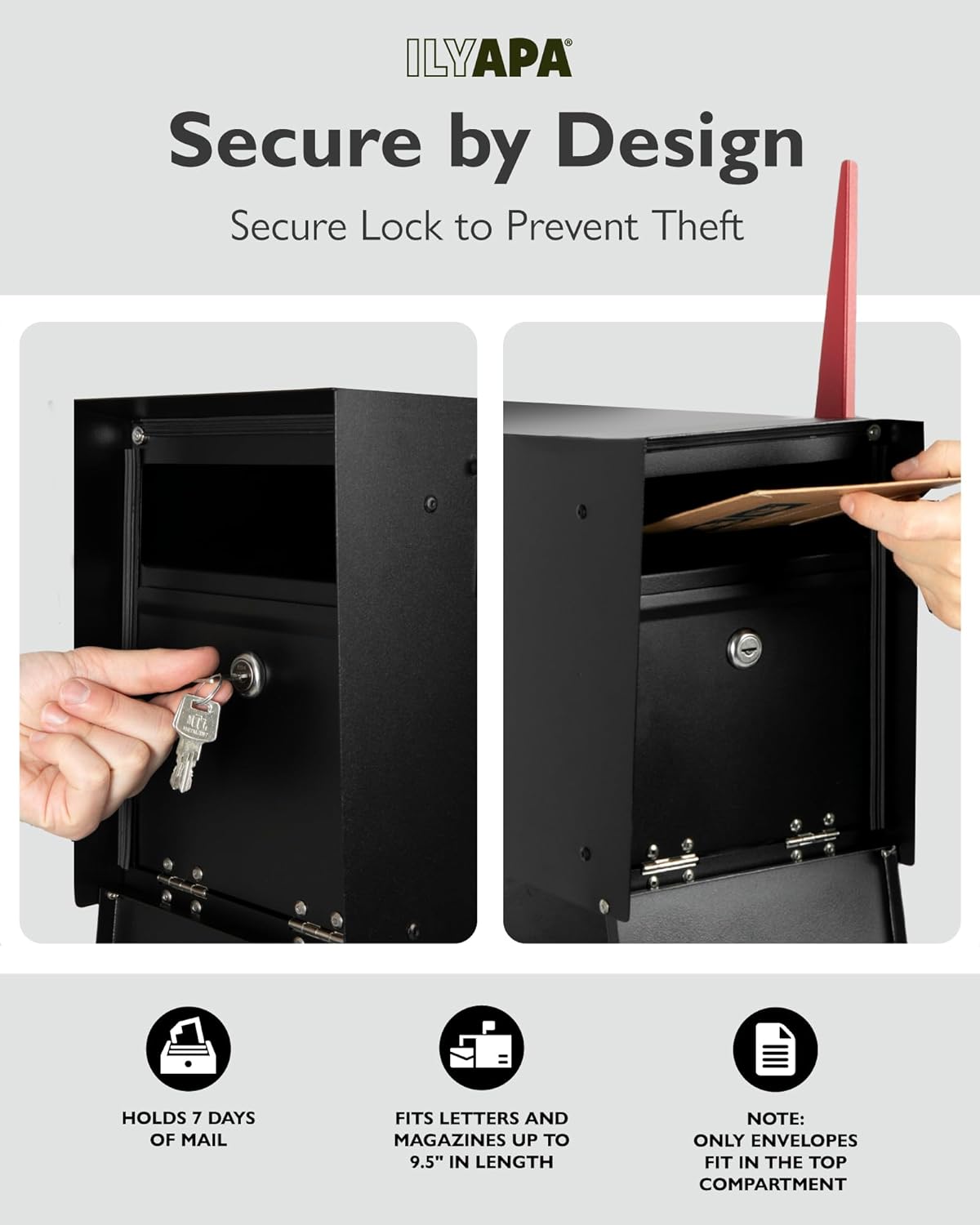 Ilyapa Locking Mailbox with Lock and Key - 21x8x10 Inch Black Modern Mailboxes for Outside Post Mount - Heavy Duty Metal Mail Box with Magnetic Door