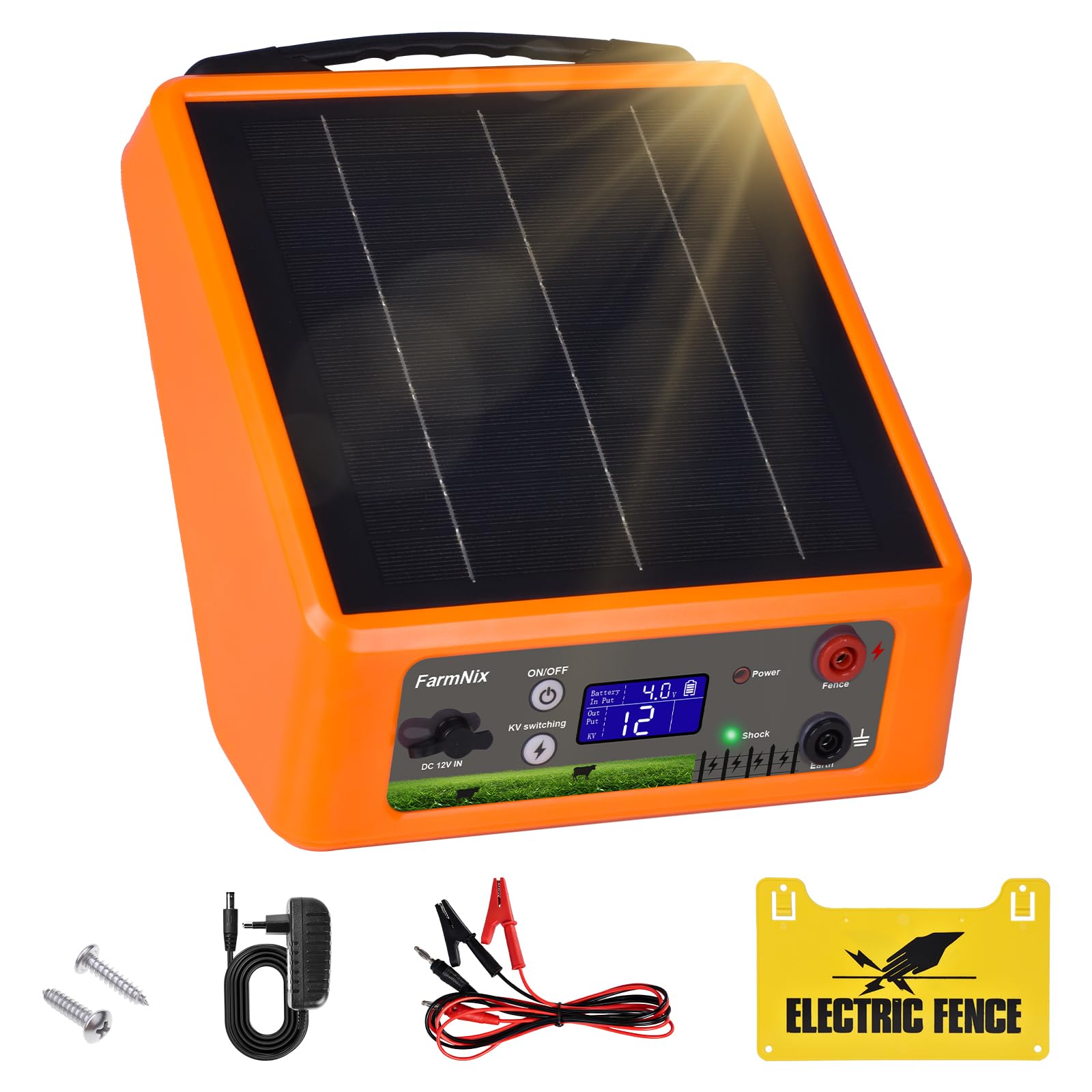 Pastor Eléctrico Solar 32KM con Batería Litio 18Ah, Salida Ajustable 6-12KV 0.3-2.0J, Panel Solar 6W IP55 para Caballos, Ganado, Ovejas, Jabalíes