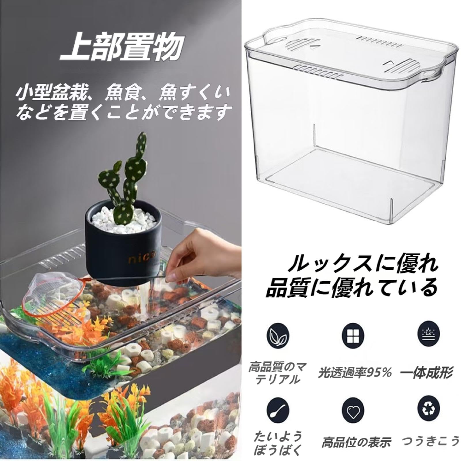 Amazon | 蓋付きの大型透明プラスチック水槽は、ご家庭での魚や水草の