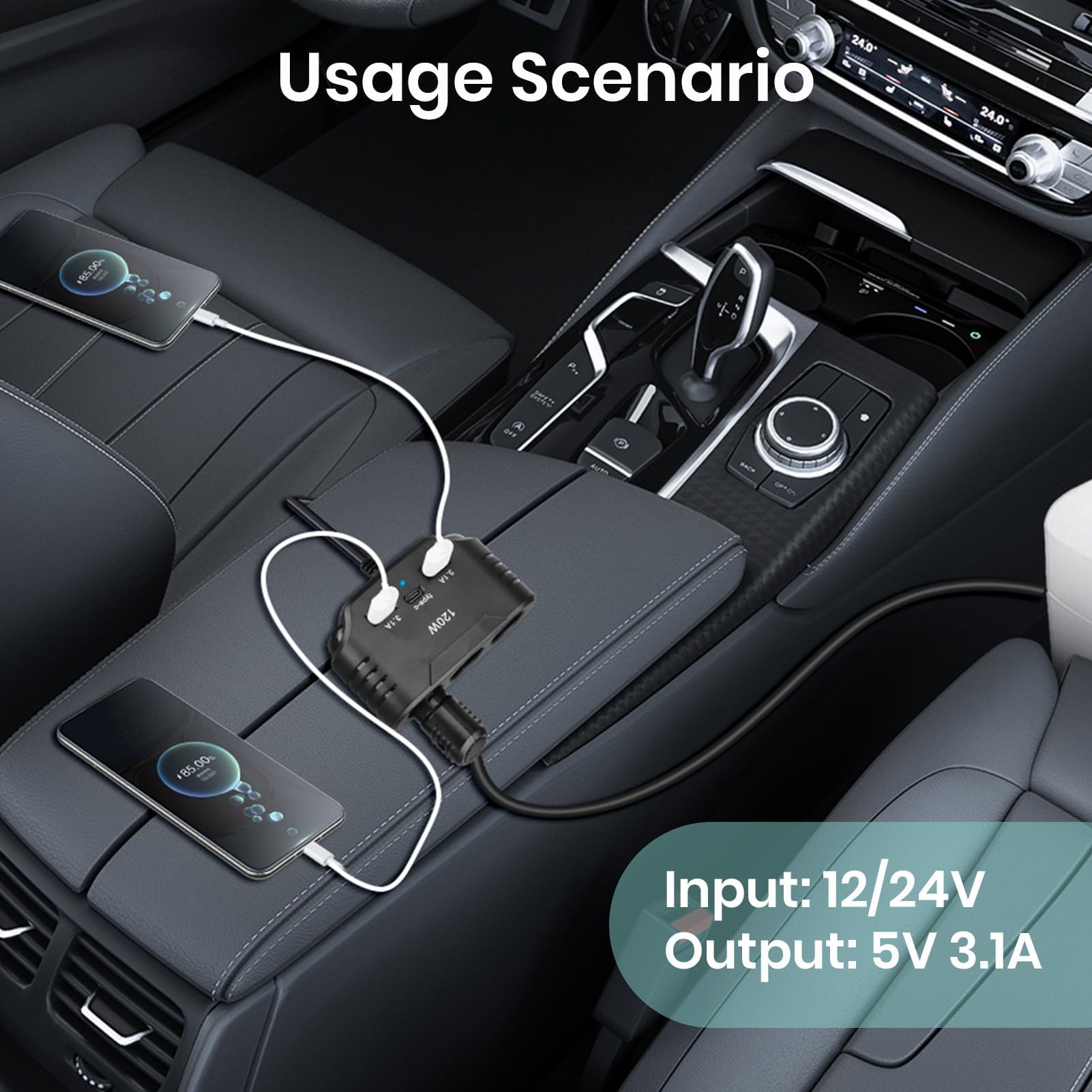 120W Prise Allume Cigare 12V 24V, Adaptateur avec 3 Prises Allume-Cigare 2 USB-A Port 1 Type C 5V 3.1A, Multi Chargeur Splitter avec LED pour Tablette GPS Phone Dash Cam Caméra Voiture