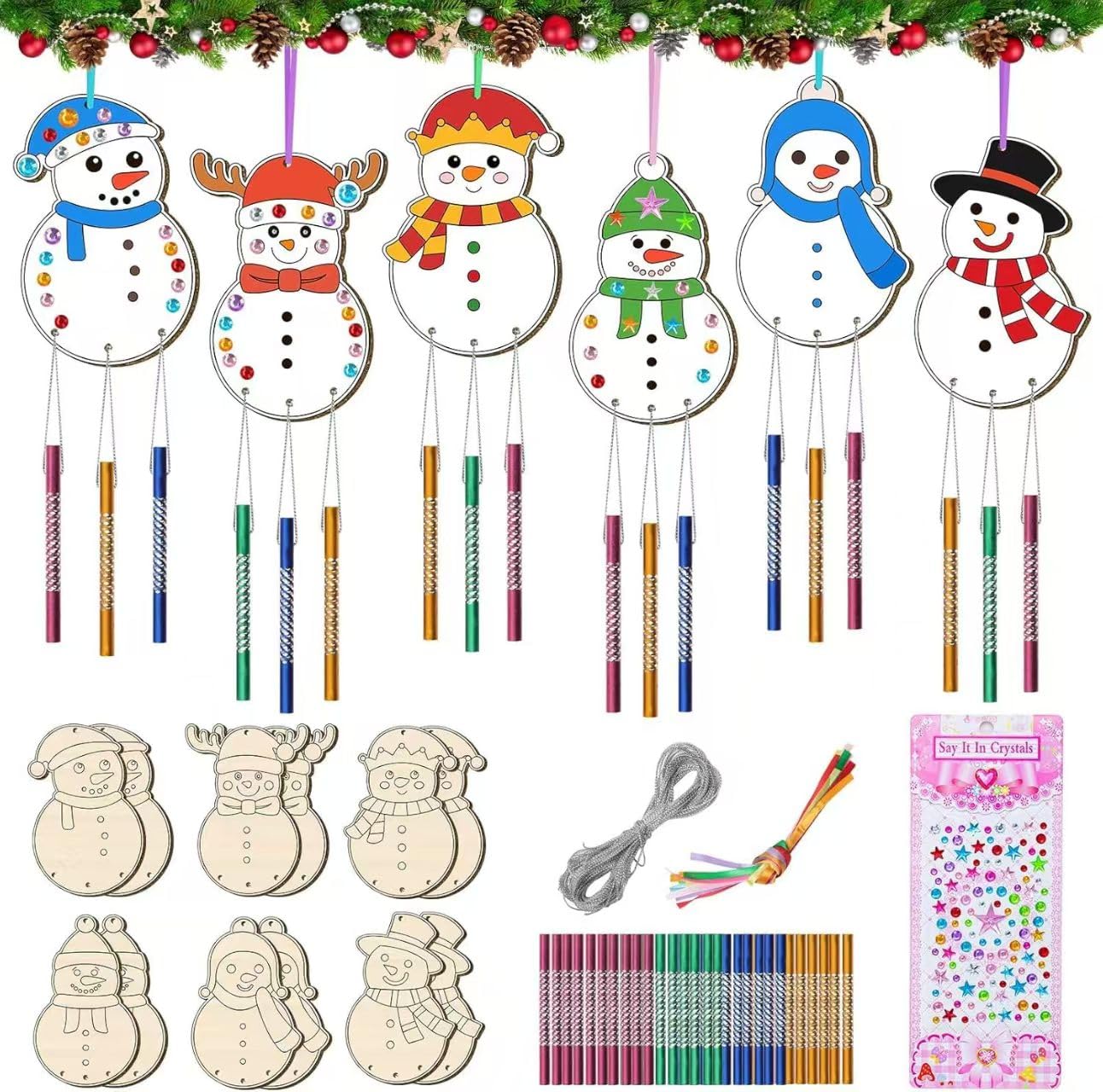 Cyhhsy 6 Pack Christmas Wind Chime Kit for Kids,DIY Color Your Own Wooden Wind Chime Santa Claus Snowman,Christmas Party Decorative Hanging Wind Chime
