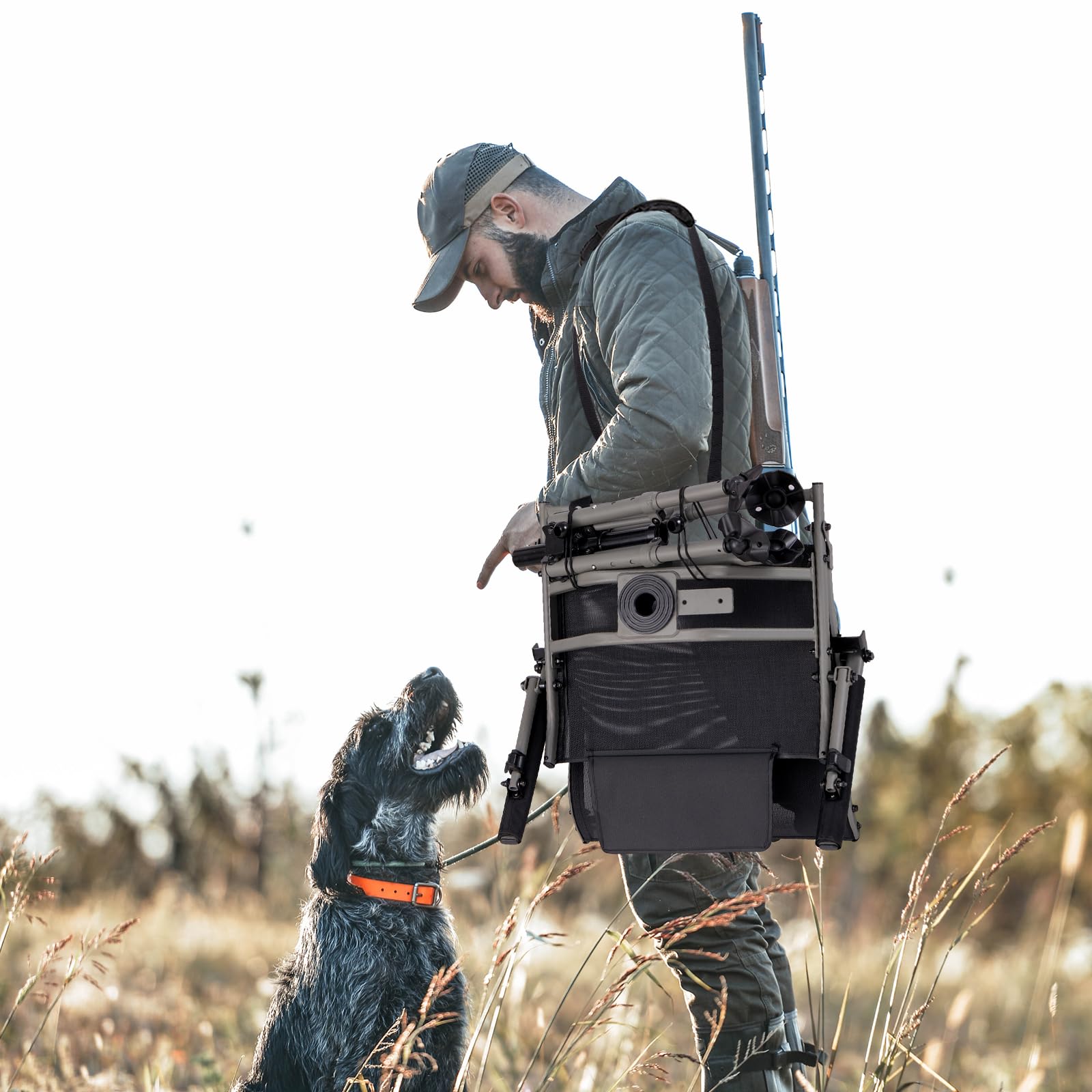 GOPLUS Silla de Caza Giratoria de 360°, Silla Portátil con Soporte de Rifle Ajustable, Reposabrazos y Altura Regulables, Sillas Ergonómica con Respaldo y Tela Transpirable para Caza, Pesca y Camping