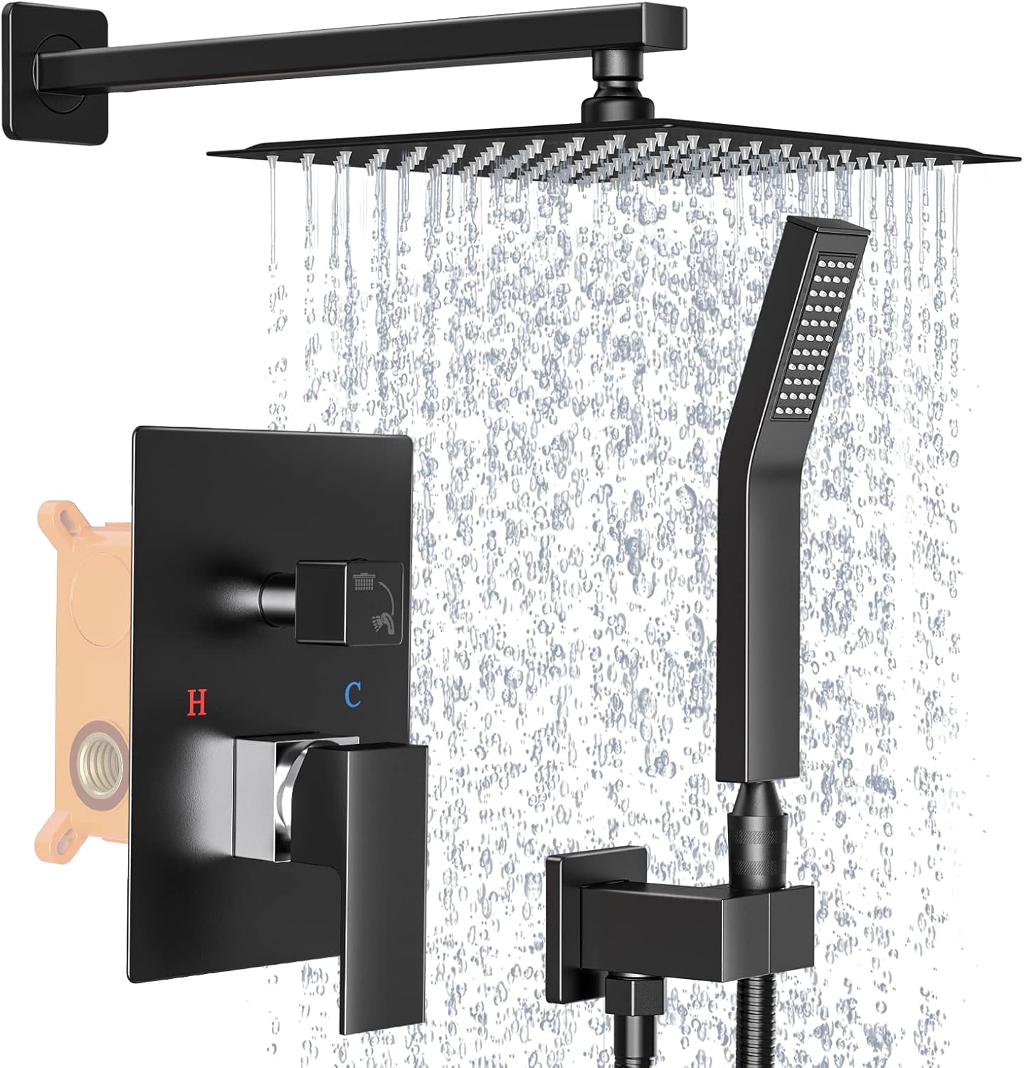 Brightify Shower Faucet Set, 10" Black Rain Shower Head Ceiling Mount with Handheld Spray, High Pressure Bathroom Mixer Shower Set Wall Mounted Shower System Rough-in Valve and Trim Kit