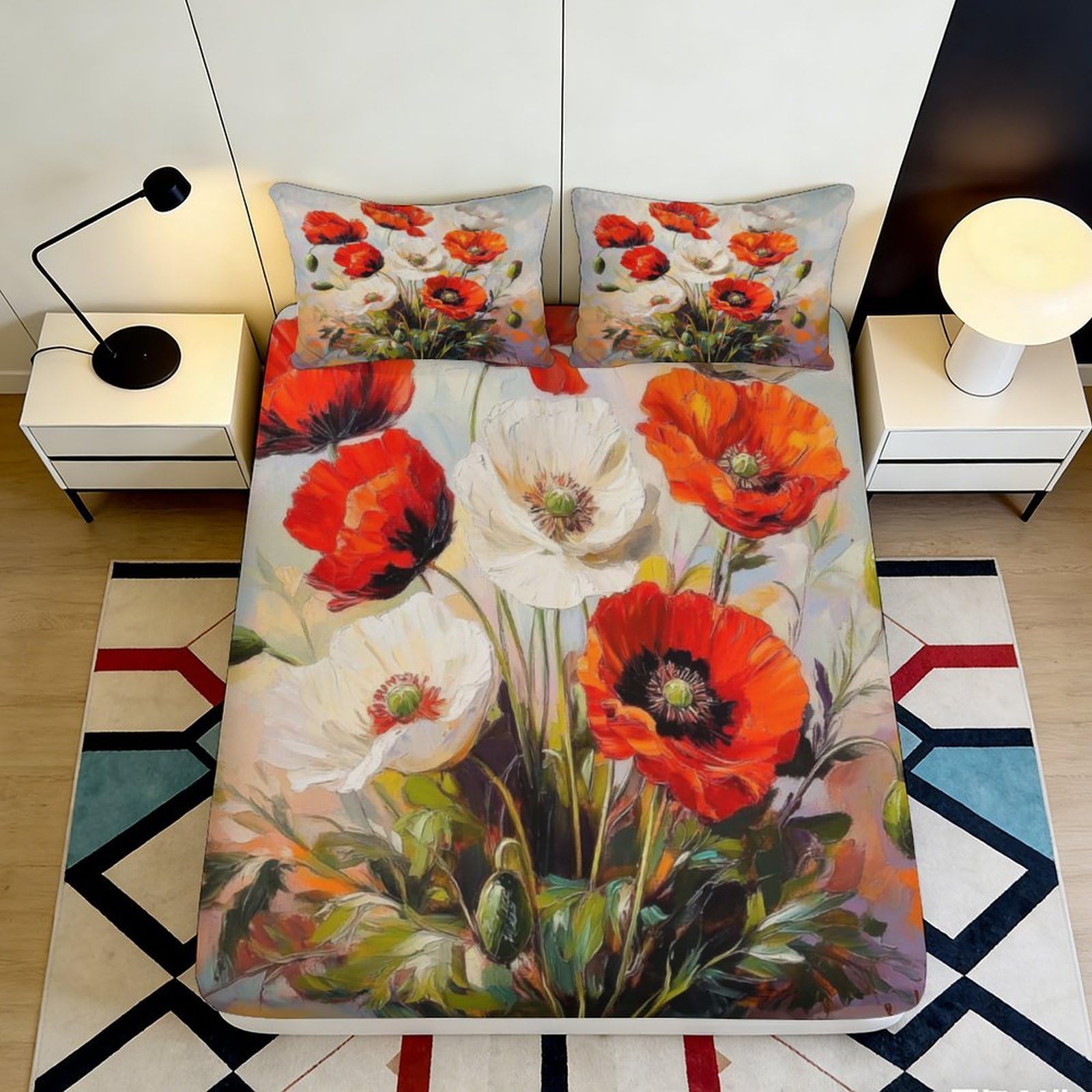 3D Printed Red Poppy Floral Fitted Sheet Microfiber Soft Breathable White Blossom Mattress Cover for Bedroom Dorm Decor 180x200x25cm