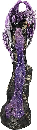 Ebros Gift Quartcita Elemental Dragon Guarding Faux Geoda Cuarzo Cristal Quarry Rock Pilar Incienso Soporte Figurita Fantasía Mítico Calabozos y