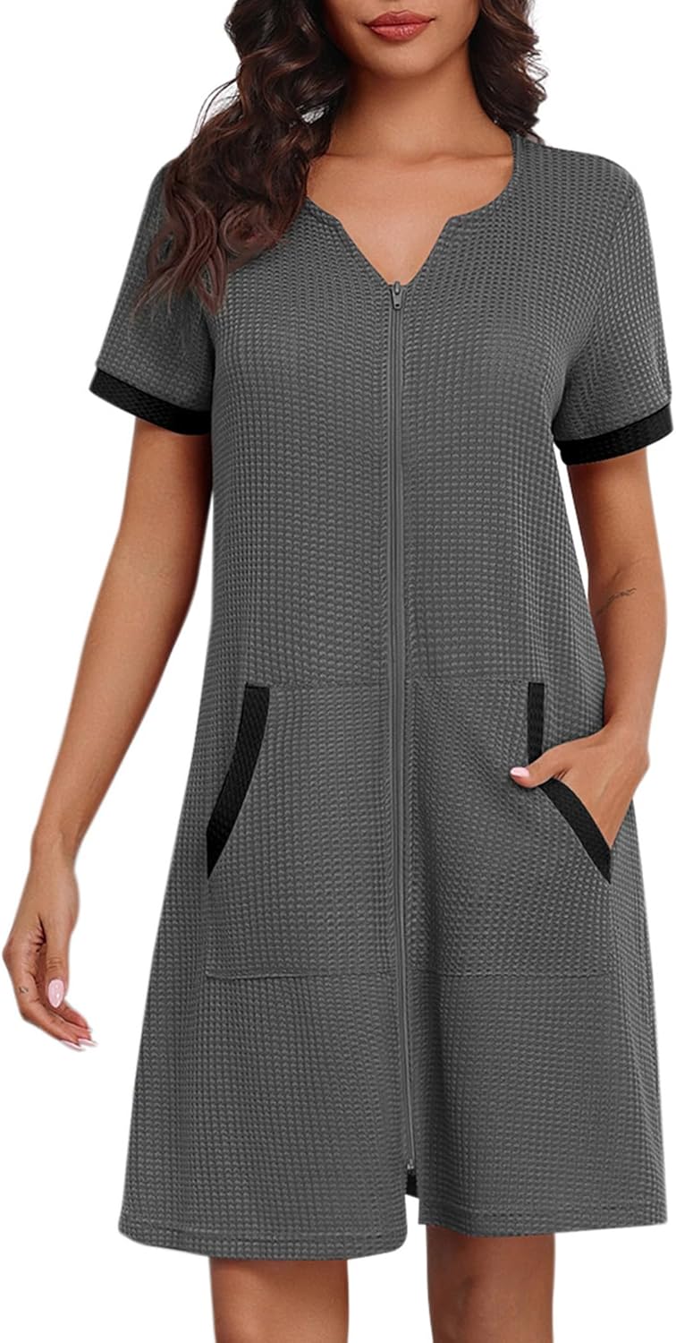 Ekouaer Women Zipper Robe Waffle Short Sleeve Bathrobes Lightweight Knee Length Housecoat with Pockets S-3XL