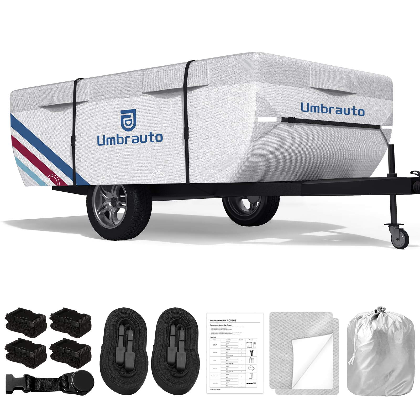 Umbrauto Pop Up Camper Cover for 14'-16' Folding Tent Trailers, 300D Silver Oxford, Waterproof, Windproof, Sun-Resistant, Tear-Resistant, Heavy-Duty