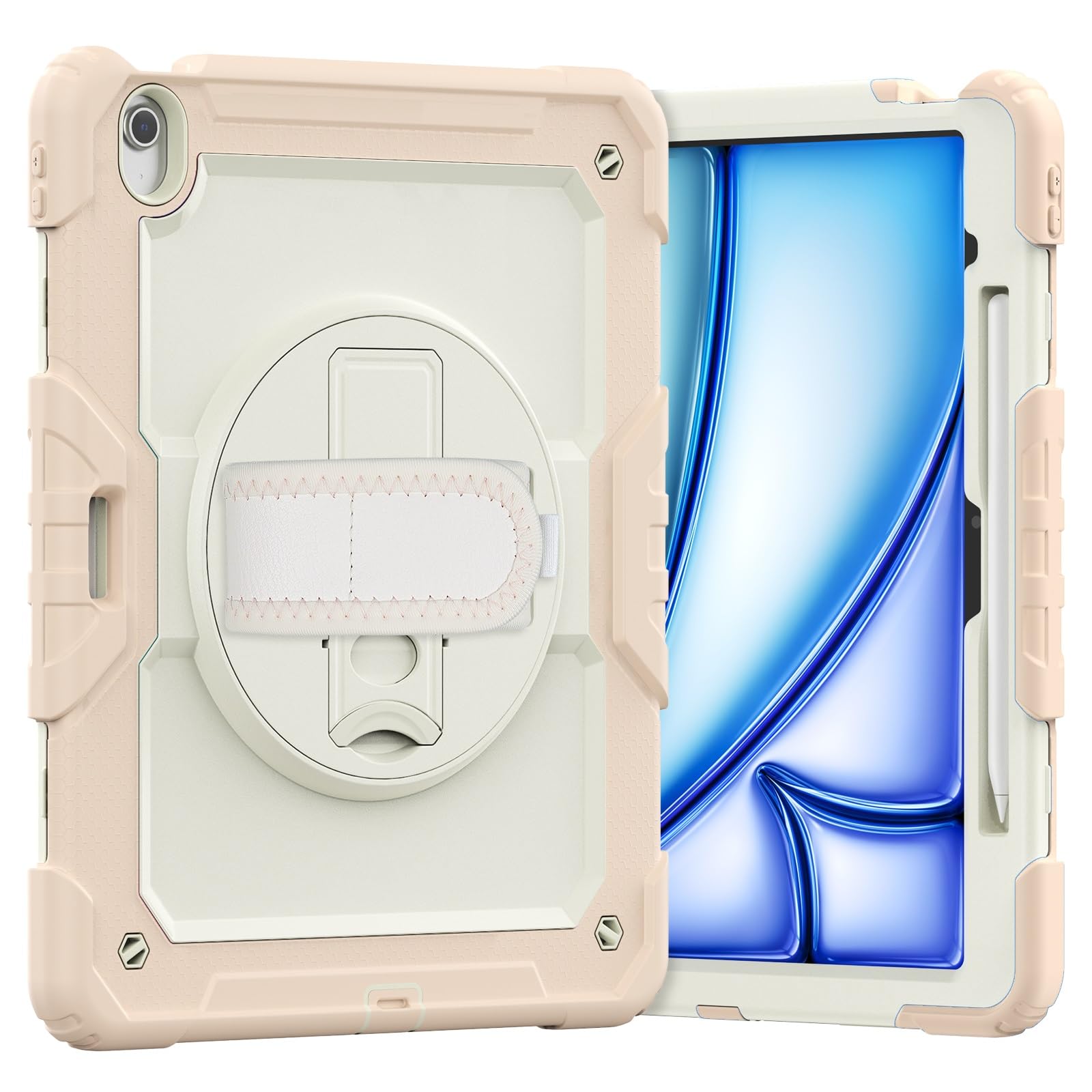 Kompatybilny z iPad Air 13 cali (M3) 2025 Etui folią ochronną ekranu, wytrzymałe [podpórka] [pasek na ramię] Odporne wstrząsy, etui, obrotowy pasek rękę 360° i ramię(Rose Gold)