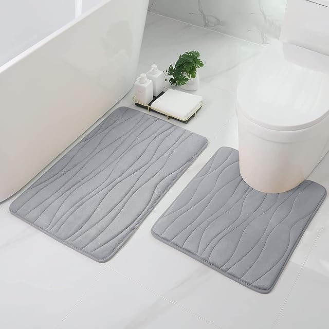 smiry Memory Foam Bath Mat Set, Pack of 2, Non-Slip Soft Bathroom Mats and Super Absorbent Machine-Washable U-Shaped Toilet Pedestal Mat Bathroom Mat Sets 2 Piece, 50 x 80 cm + 50 x 60 cm, Grey