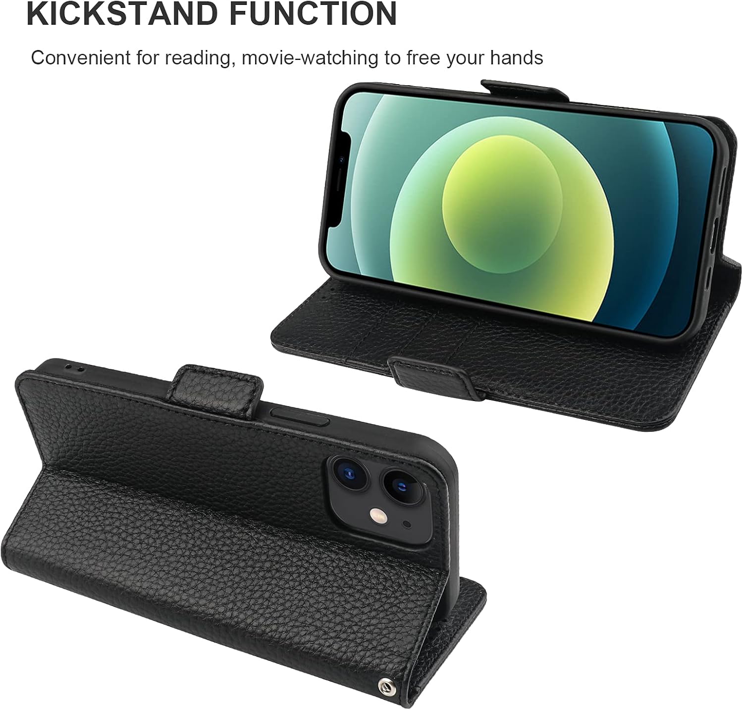 Bocasal Wallet Case for iPhone 12/12 Pro, Genuine Leather Support Wireless Charging RFID Blocking Flip Case Card Slots Holder, Kickstand Book Folding Folio Cover with Wrist Strap 6.1 Inch (Black)