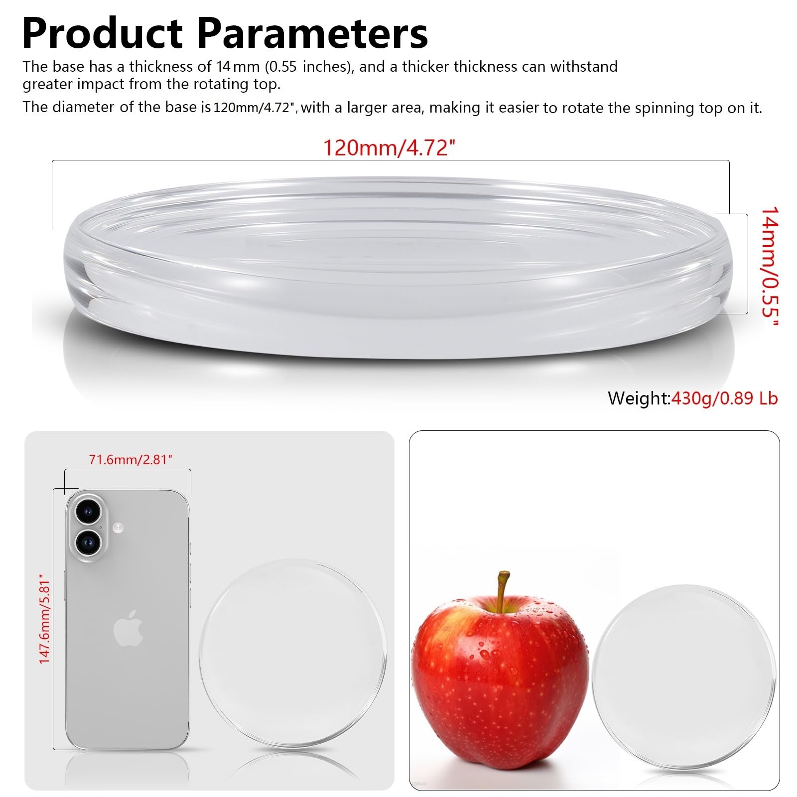 Base para peonza de Cristal K9, diseño cóncavo de Doble Cara, diámetro 120 mm, Grosor 14 mm, Lisa, de Baja fricción, Extender el Tiempo de rotación (L, Transparente)