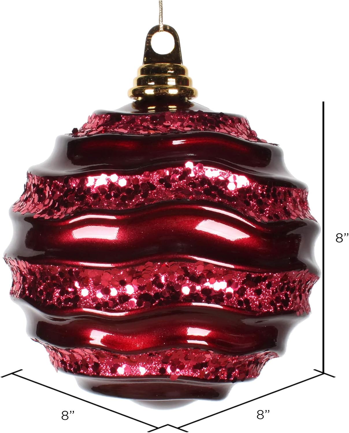 Vickerman 8" Christmas Ornament Wave Ball, Burgundy Stripe Candy Finish with Glitter Accents, Shatterproof Plastic, Holiday Christmas Tree Decoration