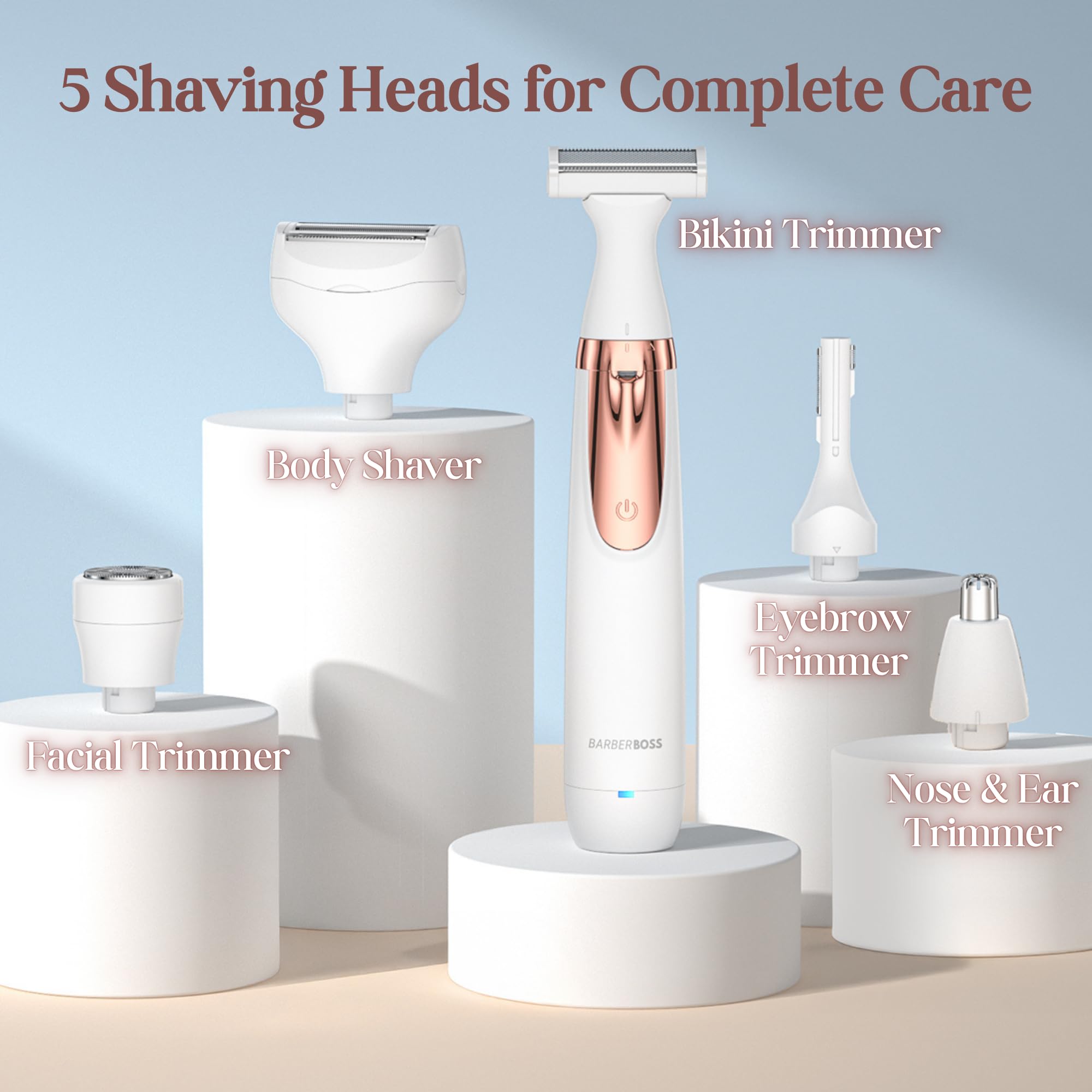 BarberBoss Rasoio elettrico donna 5 in 1, Kit epilazione ricaricabile, Rasoio per donna per corpo, bikini, viso, naso e sopracciglia, Rasoi donna senza fili Wet & Dry, Epilatore per viso, QR-8005