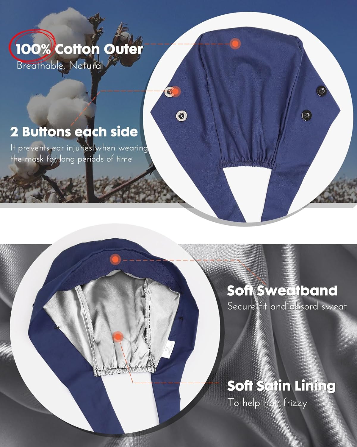 2 Pcs Satin Lined Scrub Cap Nurse Hats for Women Men 4 Buttons - Image 2