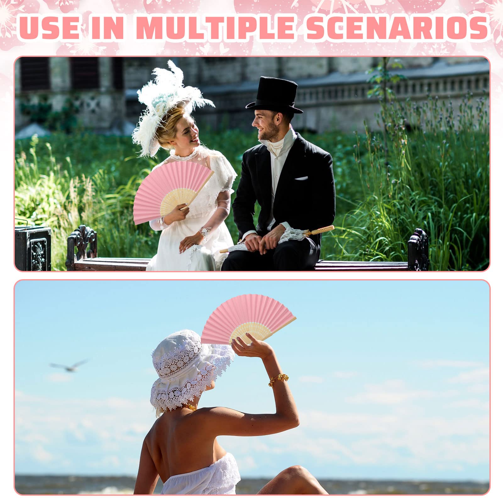 100 Pieces Paper Hand Fan Bamboo Hand Pink Folding Fans with Organza Hand Fan Bags DIY Paper Folded Handheld Fans for Church Wedding Gifts Party Favors Dancing Home Decoration