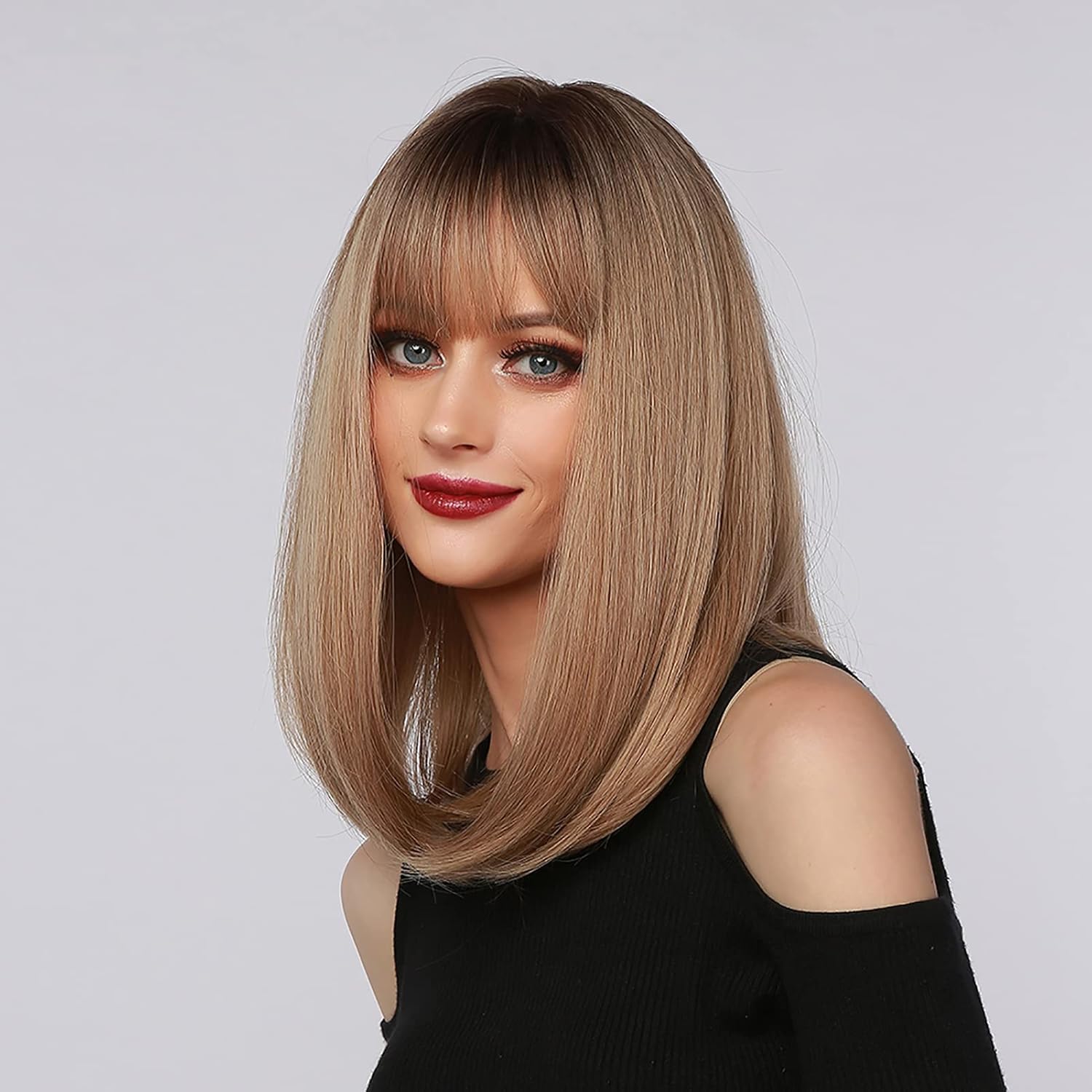 Light Brown Wigs for White Black Women Synthetic Wigs with Bangs Medium Length Bob Straight Curly Hair with Flat Bangs Human Hair Wig with Natural Hairline 26inch Heat Resistant Fiber Wigs