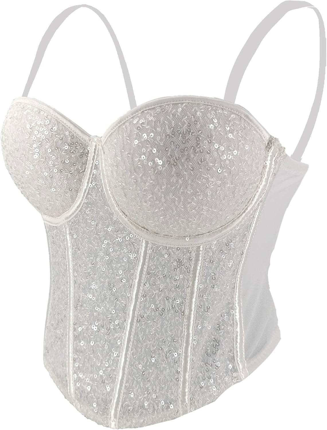 ELLACCI Women's Sexy Sequin Sheer Mesh Bustier Corset Tops White