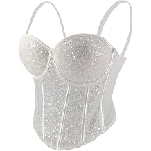 ELLACCI Women's Sexy Sequin Sheer Mesh Bustier Corset Tops White