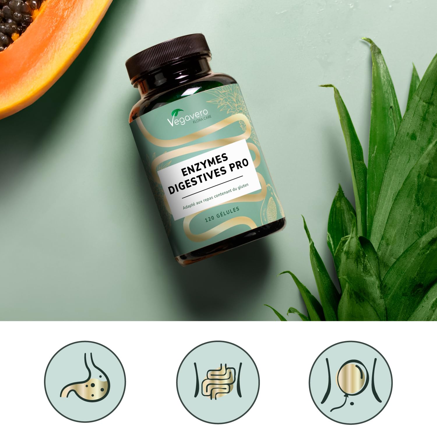 Enzymes Digestives Complexe PRO | Unique : Avec Enzyme Pour le Gluten | Lactase, Bromeline, Lipase, Amylase… | 120 Gélules Gastro-résistantes | Testé en Laboratoire & Sans Additifs | Vegavero®