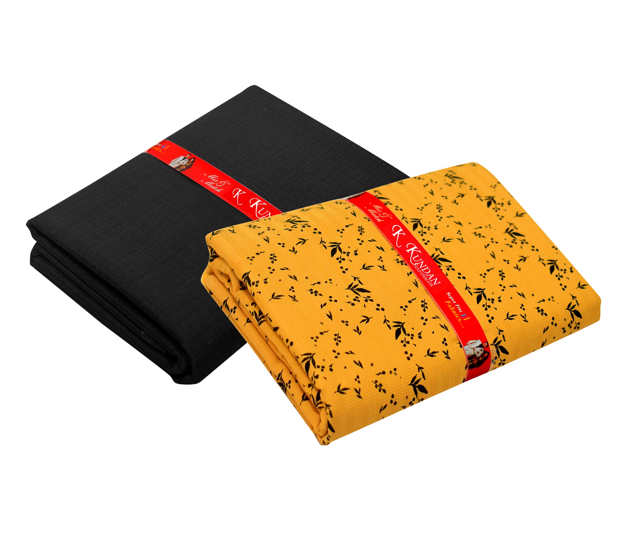 Kundan Sulz Gwalior Men's Cotton Printed Shirt & Trouser Fabric Combo Set (Black & Khaki-01; 1.20 & 1.60 Meters)