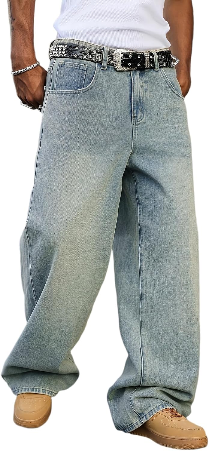 Men's Light Blue Washed Loose Wide-Leg Denim Jeans