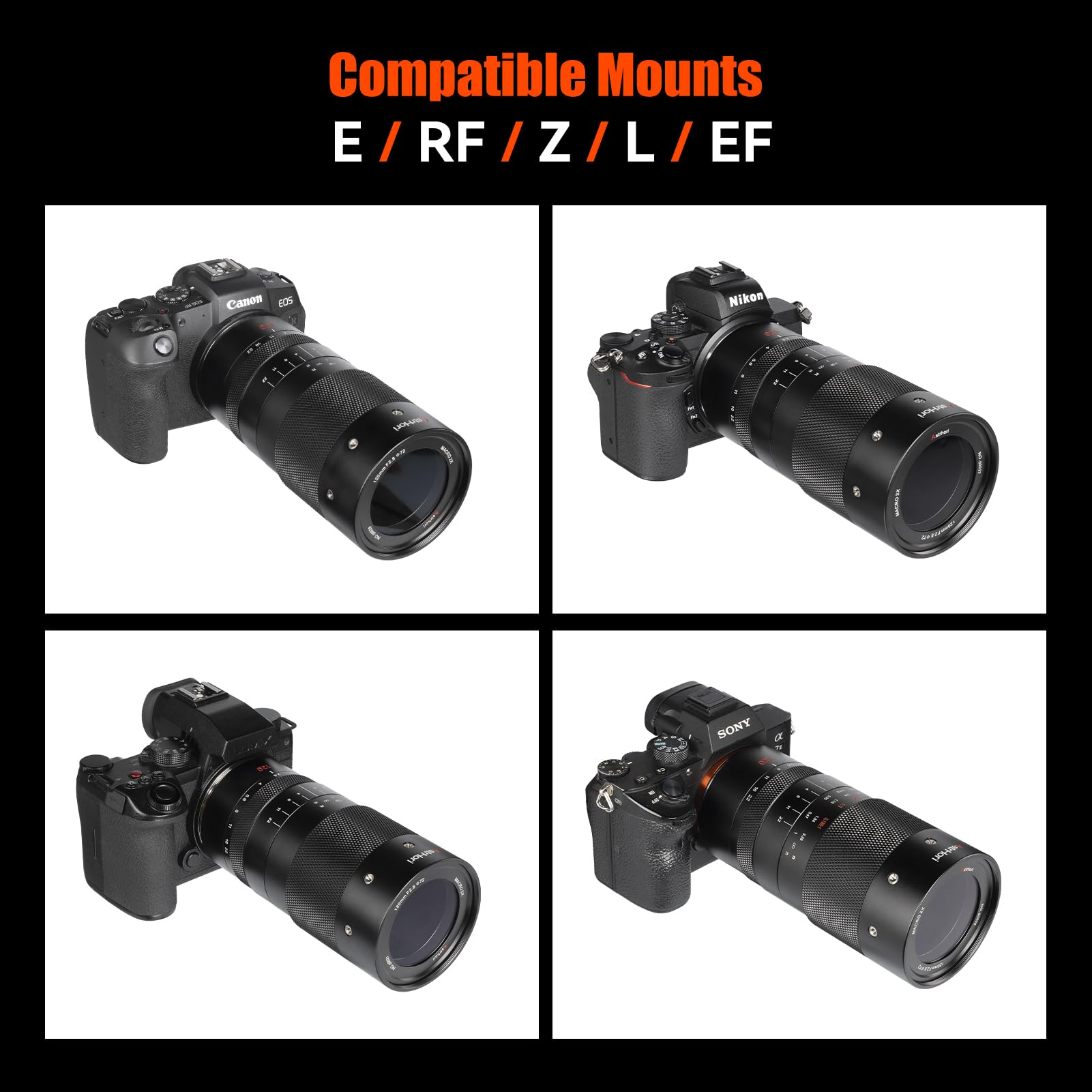 AstrHori Objectif macro 120 mm F2.8 2X plein cadre grande ouverture manuel moyen téléobjectif Prime compatible avec les appareils photo sans miroir Sony E Mount
