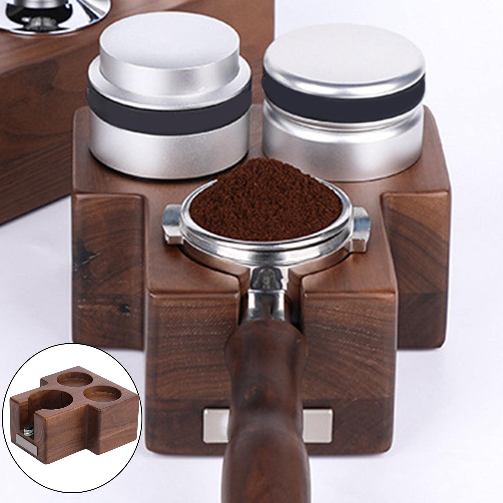 Porta Filtro Supporto Caffè Tamper Base Legno con Tre Alloggiamenti Antiscivolo in Silicone Adatto per Preparazione Espresso E Arte